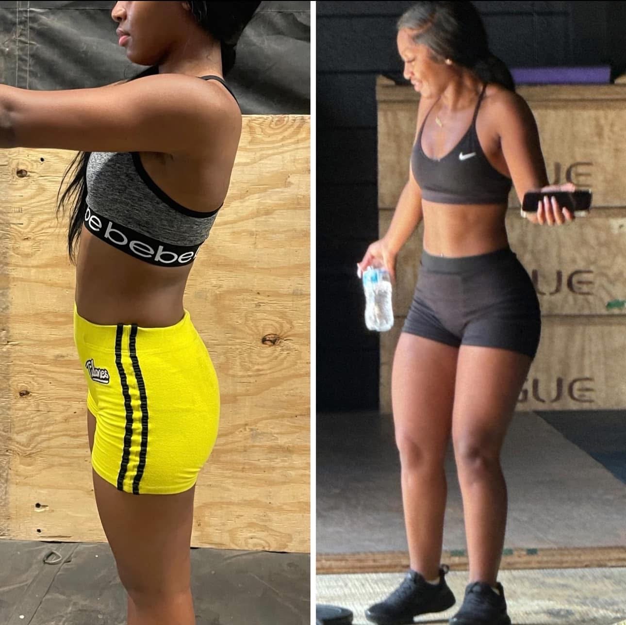 Side view of two women in athletic wear, one on the left in a gray sports bra and yellow shorts, and one on the right in a black sports bra and black shorts, both at a gym.