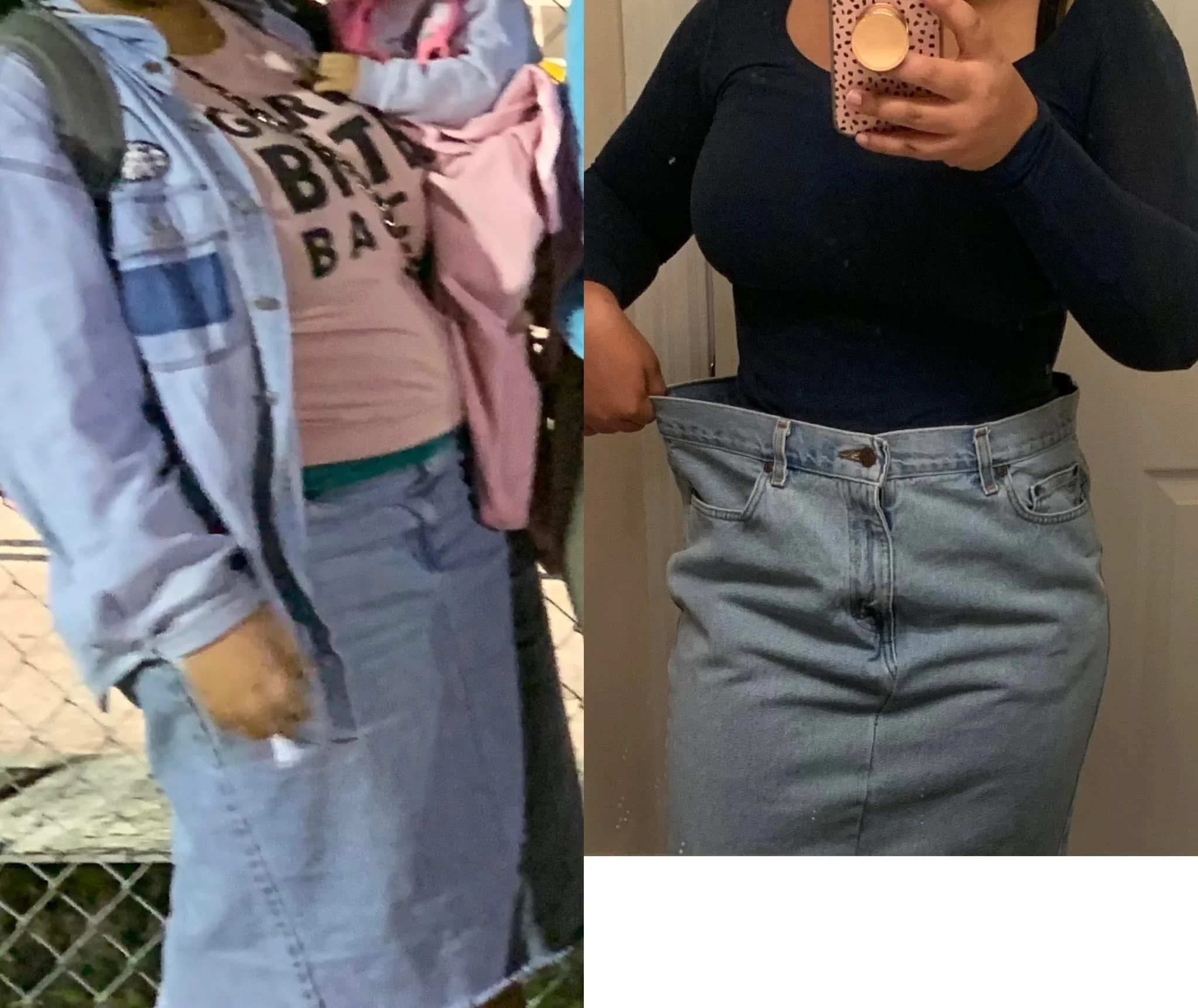 Side-by-side comparison of a person before and after weight loss, showing the person holding out their loose-fitting jeans in the after photo, taking a mirror selfie with a smartphone.