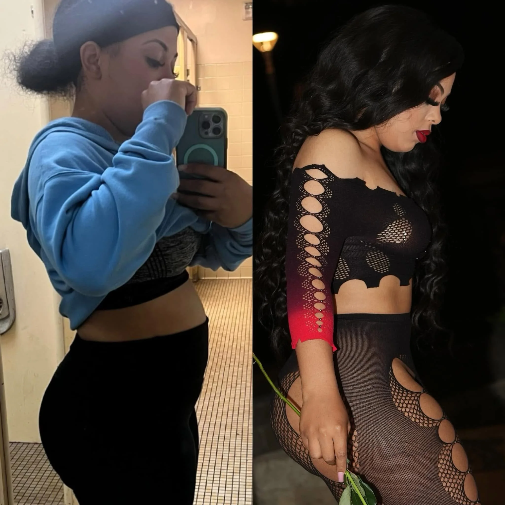 Side-by-side photos of a woman with long dark hair and makeup, wearing revealing, fashion-forward clothing. On the left, she takes a mirror selfie in a casual setting, wearing a blue hoodie and black leggings. On the right, she is dressed in intricat
