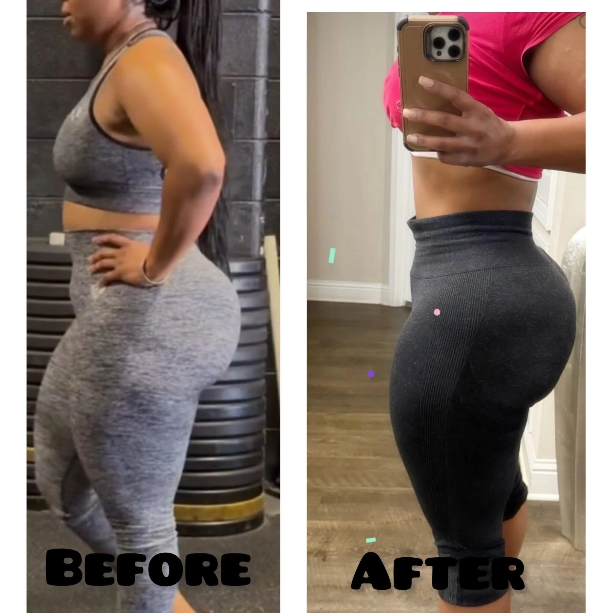 Side-by-side comparison of a woman before and after fitness transformation, showing a slimmer waist and toned body.