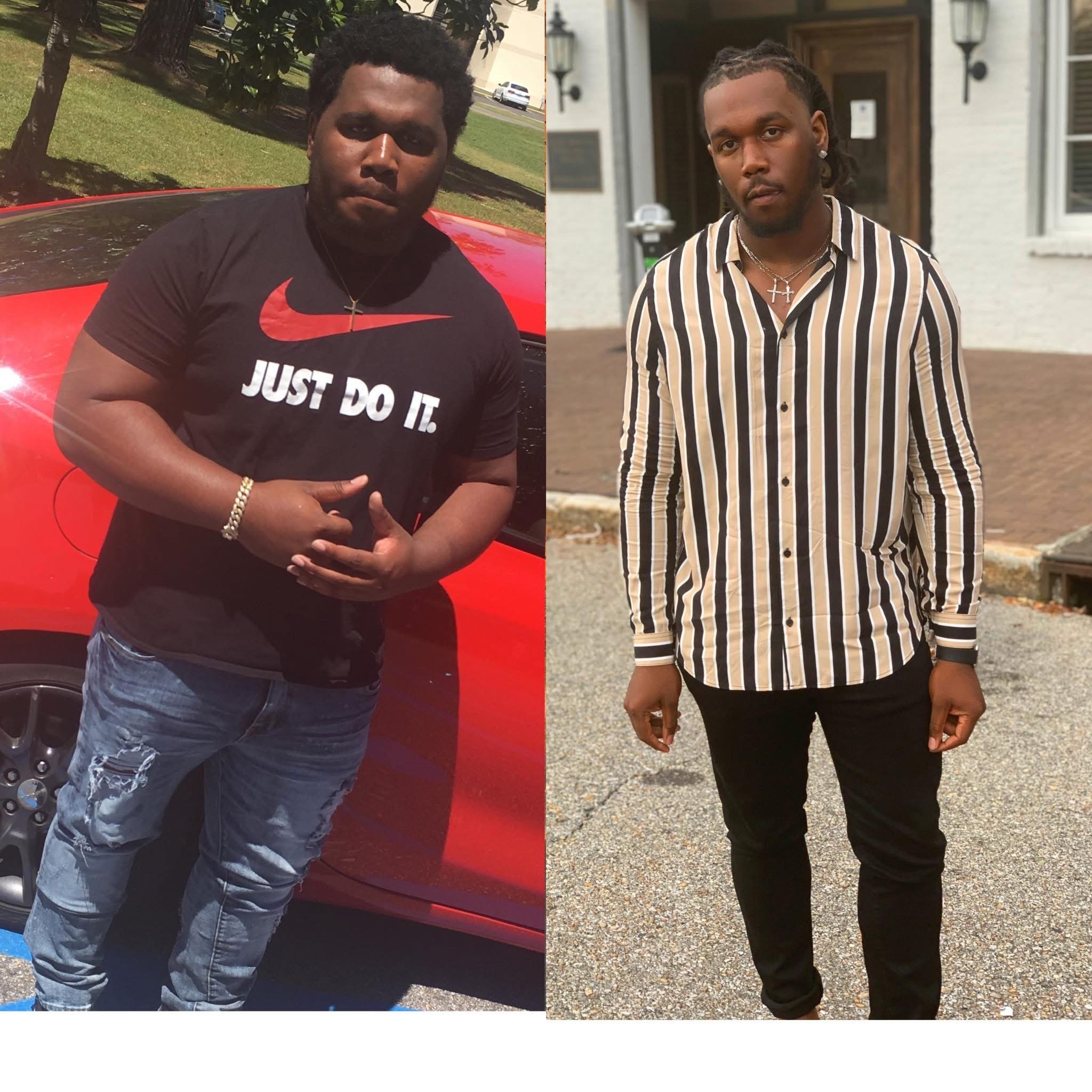 Side-by-side photos of a young man with dark skin, short curly hair, and earrings. In the left image, he wears a black Nike T-shirt with 'Just Do It' printed on it, distressed jeans, and stands near a red car outdoors. In the right image, he wears a 