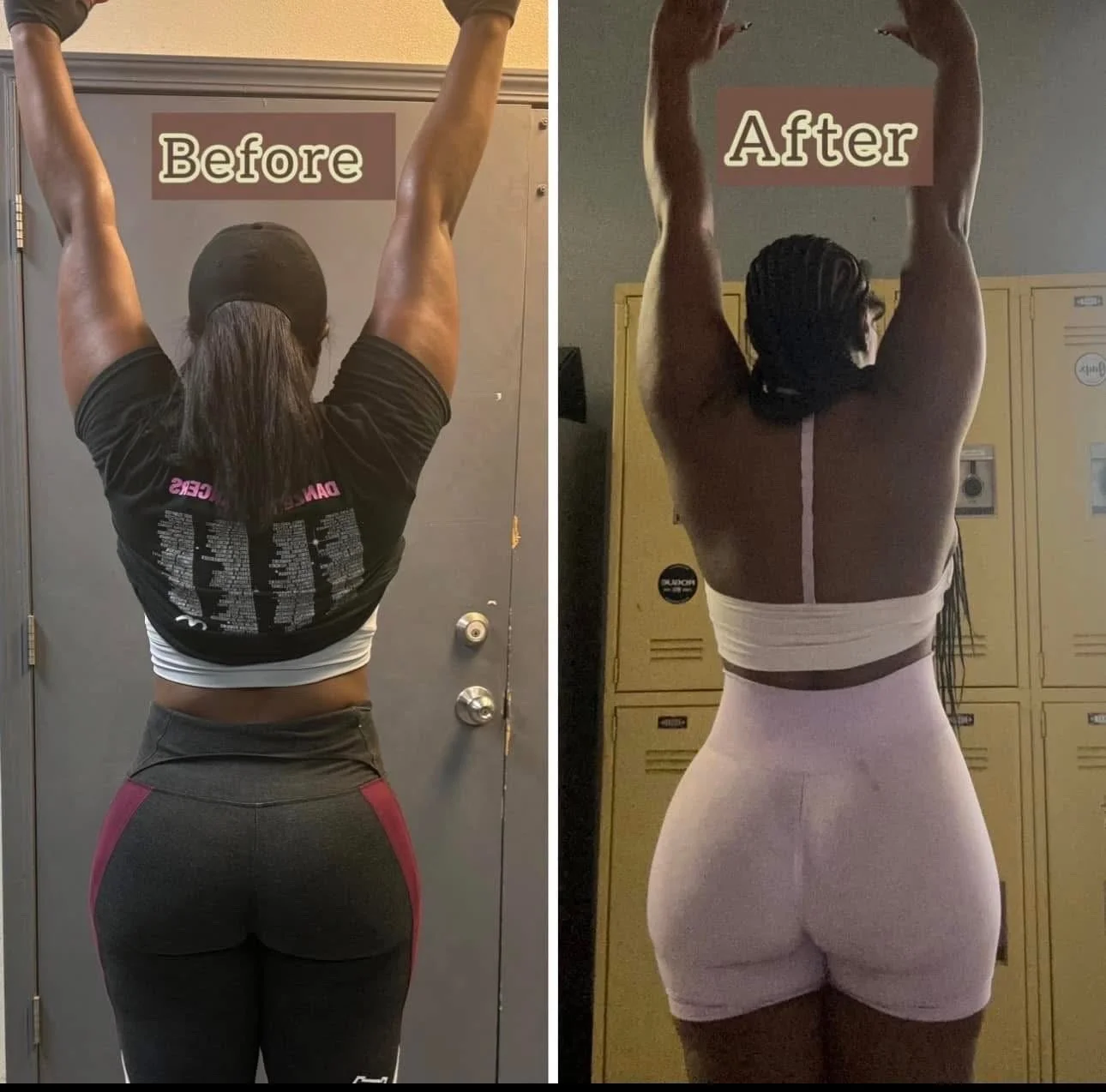 Comparison of a woman's back before and after a fitness transformation, showing increased muscle tone and body shape, with the words 'Before' and 'After' labels.