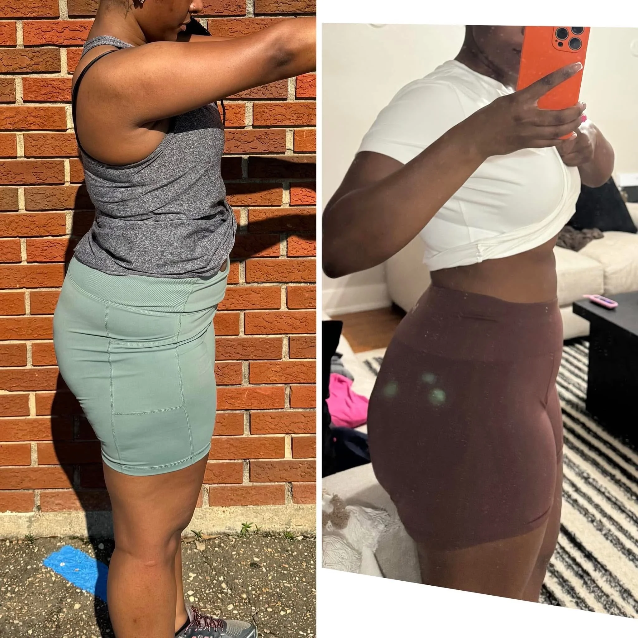 Side-by-side comparison of a woman in two different outfits. On the left, she is wearing a gray sleeveless top and a light green skirt, standing outdoors against a brick wall. On the right, she is wearing a white crop top and maroon skirt, taking a m