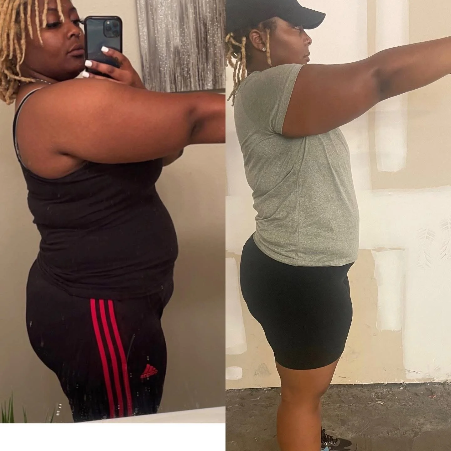 Side-by-side comparison of a woman before and after weight loss, showing a reduction in body size and increased muscle definition.