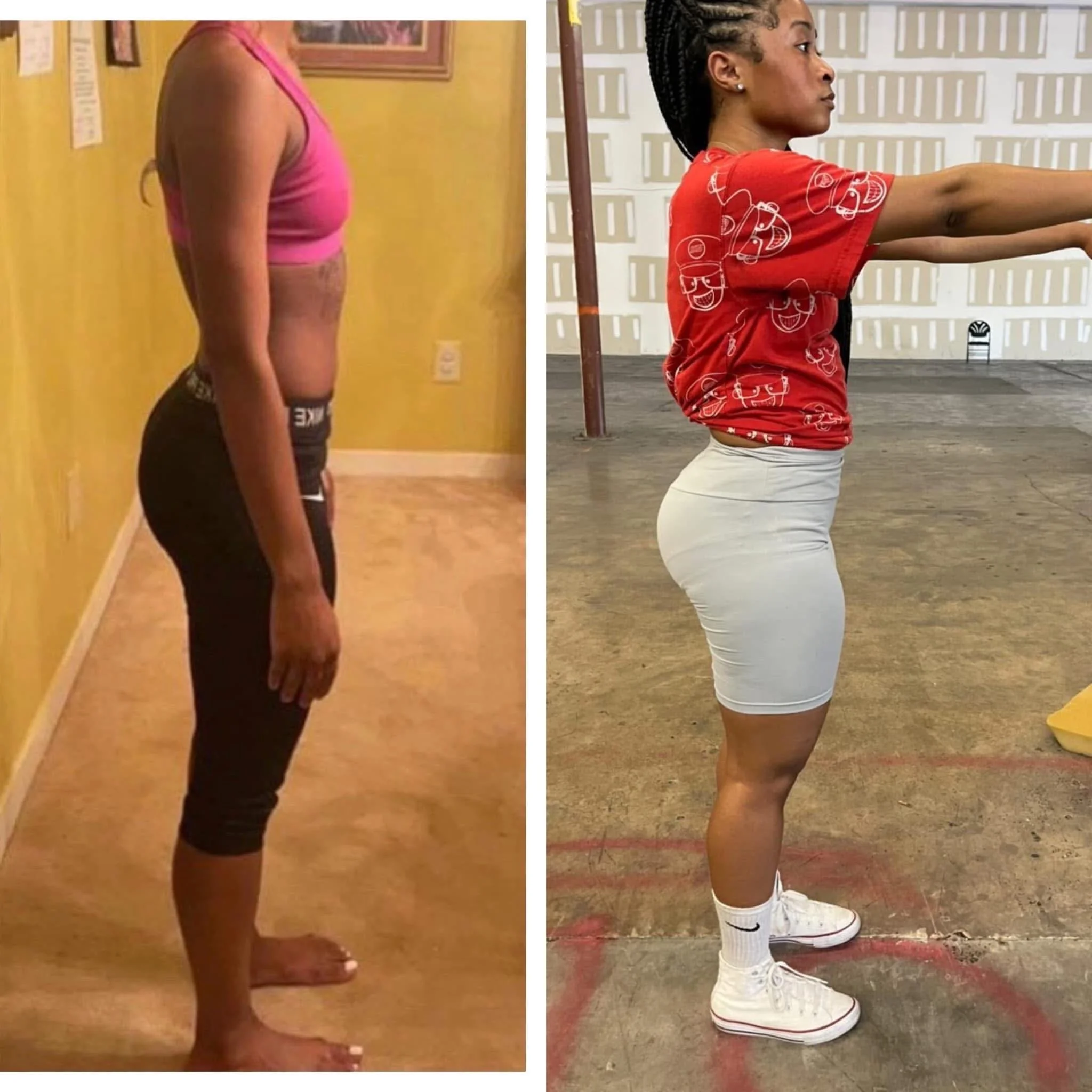 Side-by-side comparison of a woman's body, showing a before and after transformation. The left image shows a woman with a less toned physique, wearing a pink sports bra and black pants, standing indoors against a yellow wall. The right image shows th