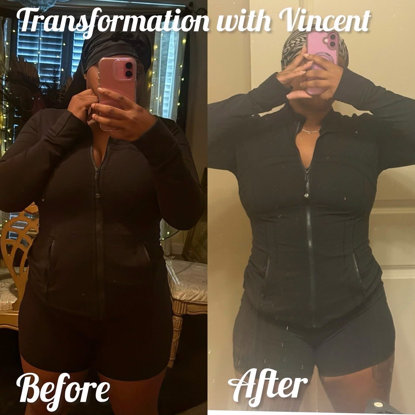 Comparison photo showing a woman before and after transformation, both in black zip-up athletic outfits, with the text "Transformation with Vincent" at the top, "Before" at the bottom left, and "After" at the bottom right.