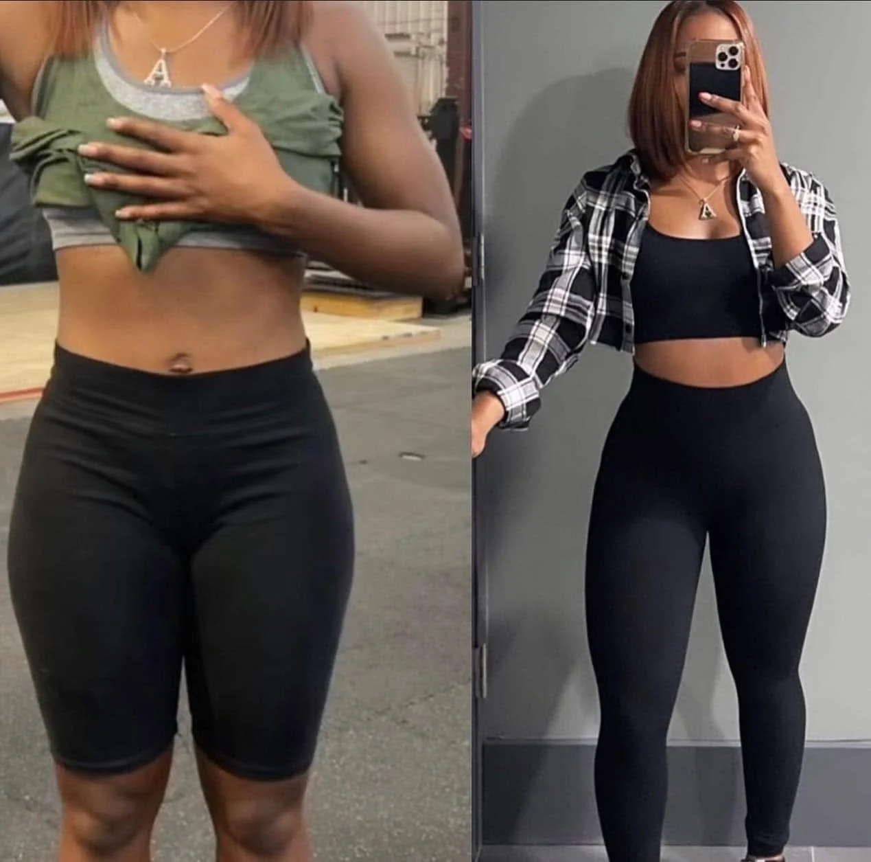Side-by-side mirror selfies of a woman in workout clothes, showing progress in fitness; on the left, she is wearing a green tank top and black shorts, and on the right, she is wearing a black sports bra, black leggings, and a checkered shirt.