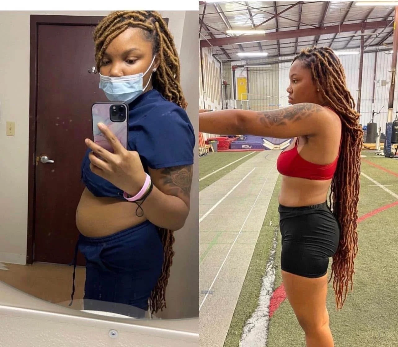 Before and after photos of a woman with long braids. In the first photo, she is taking a selfie in a mirror, wearing a mask, blue workout clothes, and a fitness tracker. In the second photo, she is at a gym or sports facility, wearing a red sports br