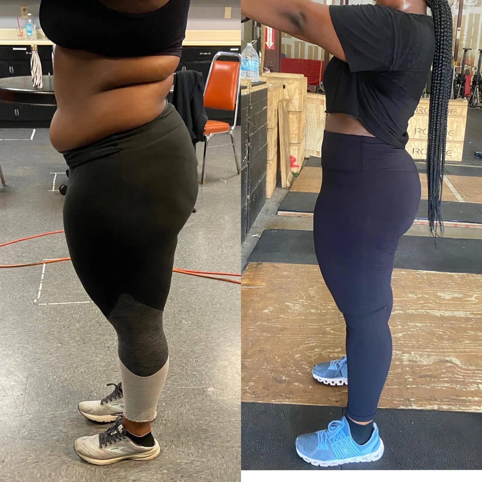 Comparison of a woman's body before and after fitness transformation, showing changes in her waist and physique.