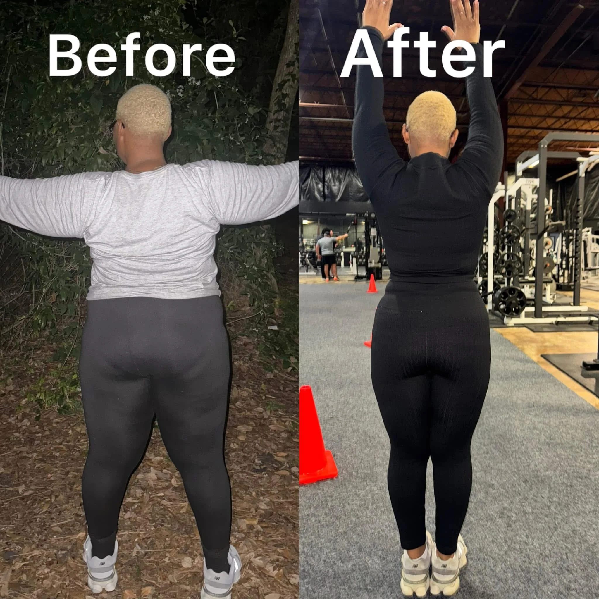 Side-by-side comparison of a woman before and after fitness transformation. In the "Before" photo, she is standing outdoors at night in casual athletic clothing and white sneakers, with arms outstretched. In the "After" photo, she is in a gym, wearin