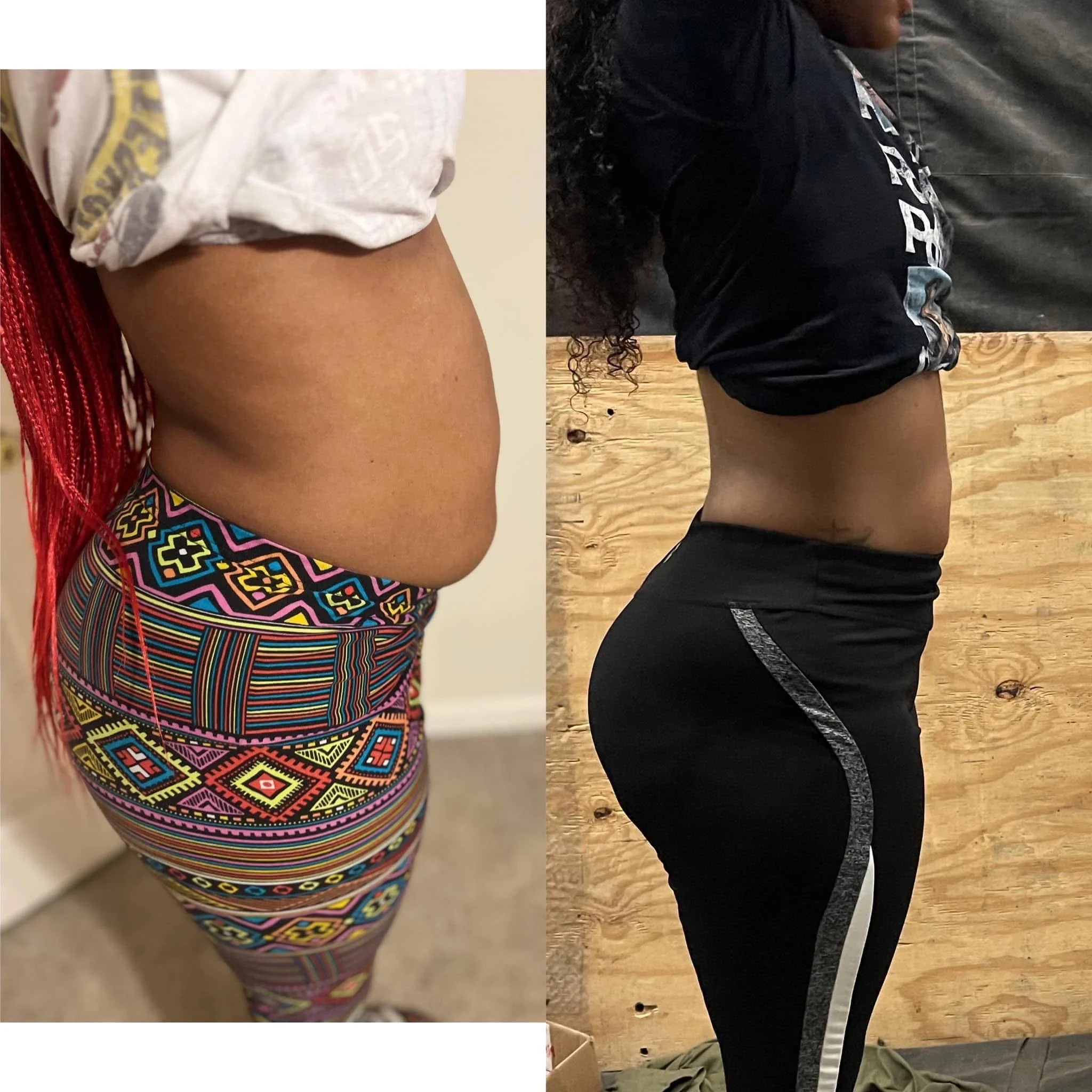 Side-by-side comparison of a woman's midsection showing physical transformation, with a less toned stomach on the left and a more toned stomach on the right.