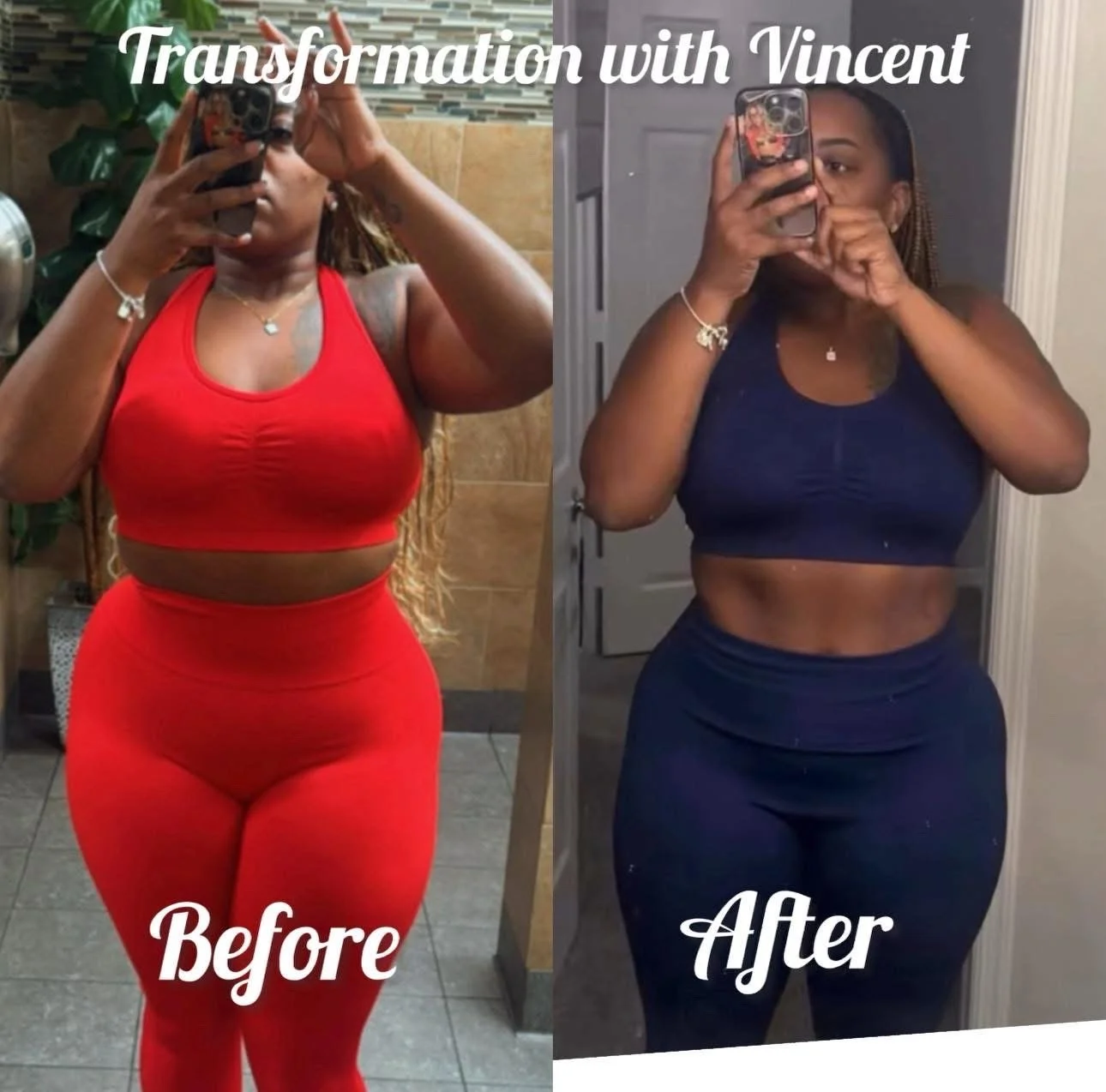 Side-by-side mirror selfies of a woman showing transformation from heavier to a more toned, slimmer physique. She wears a red workout outfit in the 'Before' photo and a navy blue workout outfit in the 'After' photo. Text overlay reads 'Transformation