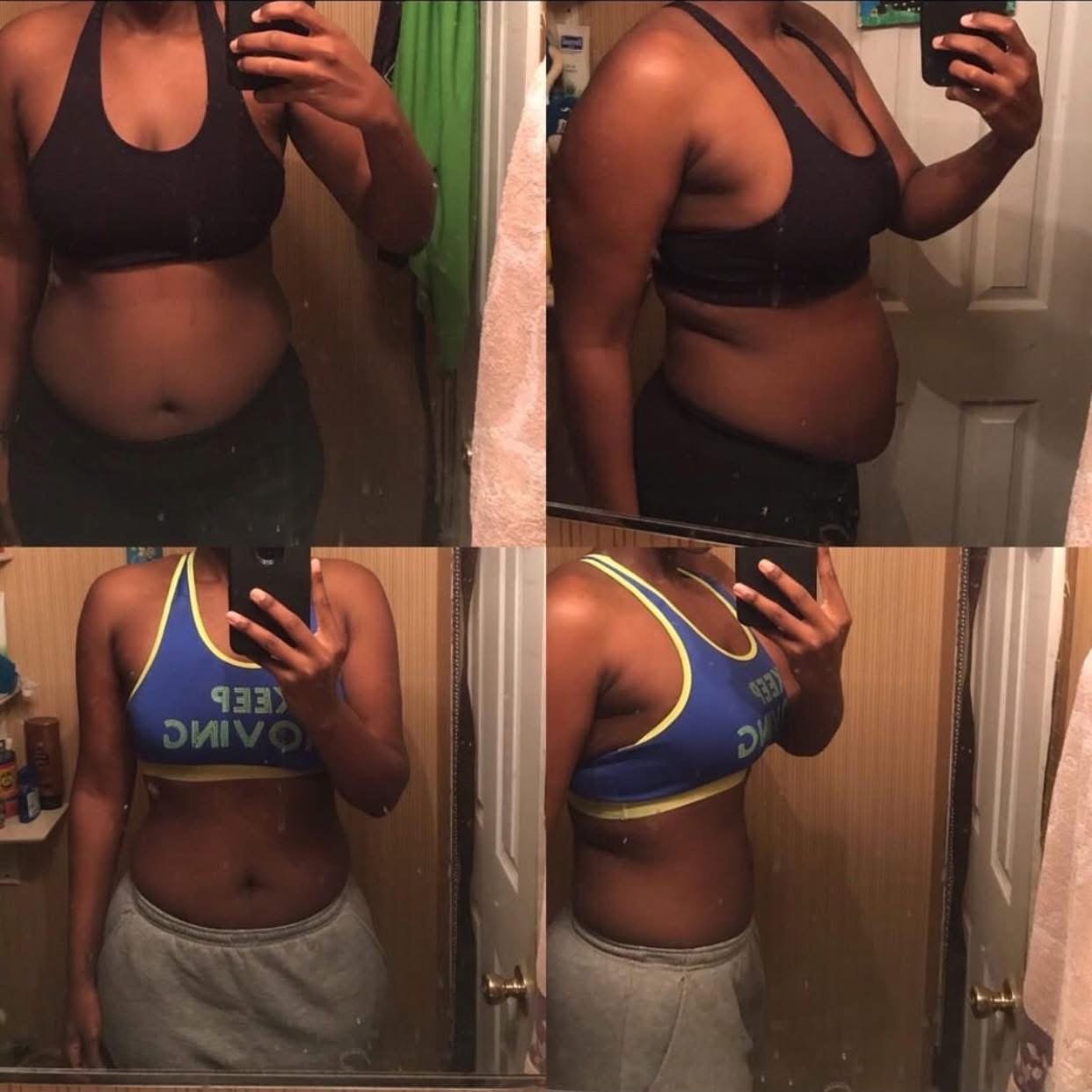 Progress photos showing a woman’s weight loss transformation, taken in front of a mirror, with before pictures in sports bras and sweatpants and after pictures in a sports bra and shorts.