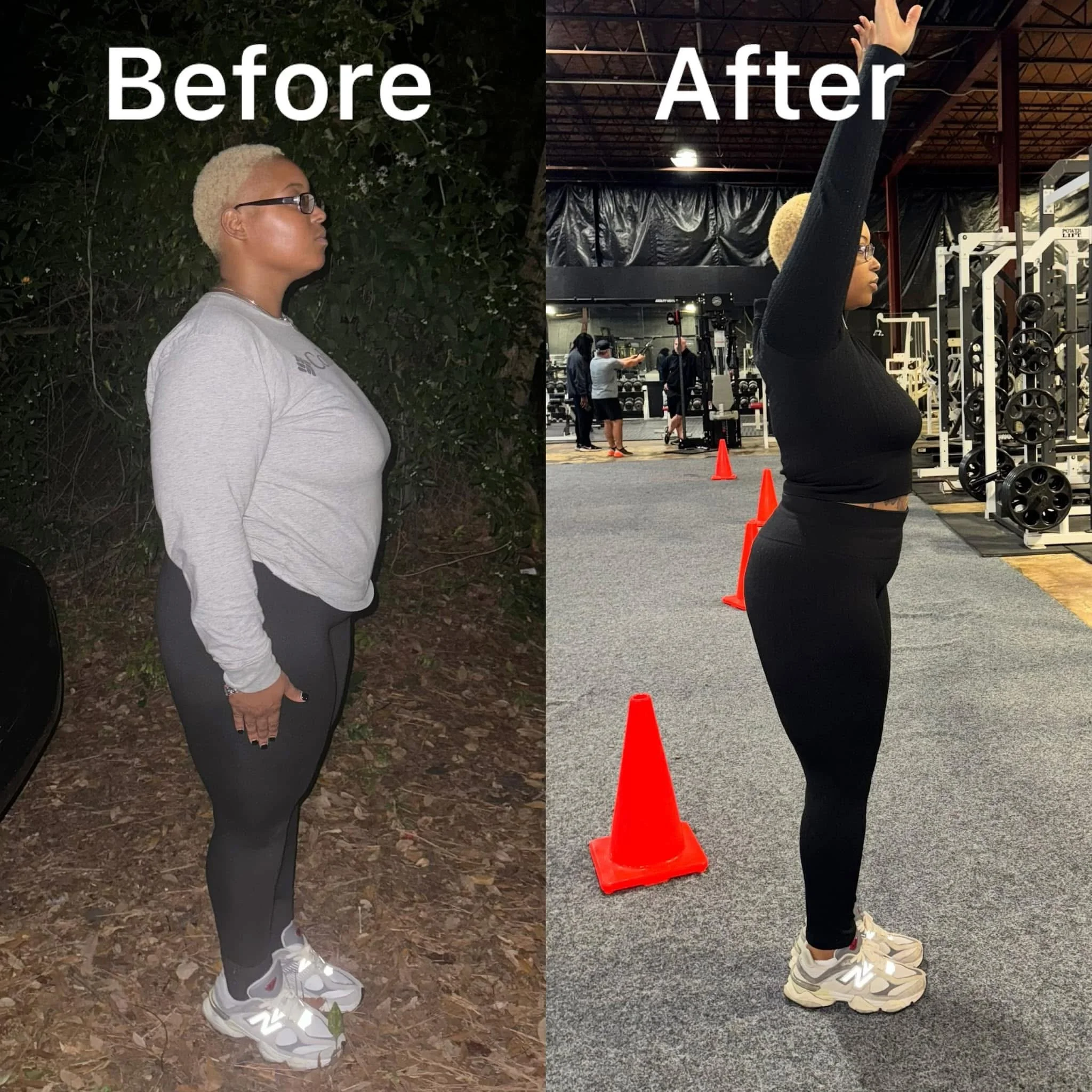 Side profile of a woman before and after workout. In the 'before' photo, she is outside at night wearing a gray long-sleeve shirt, black leggings, and white sneakers, standing upright with hands by her sides. In the 'after' photo, she is inside at a 