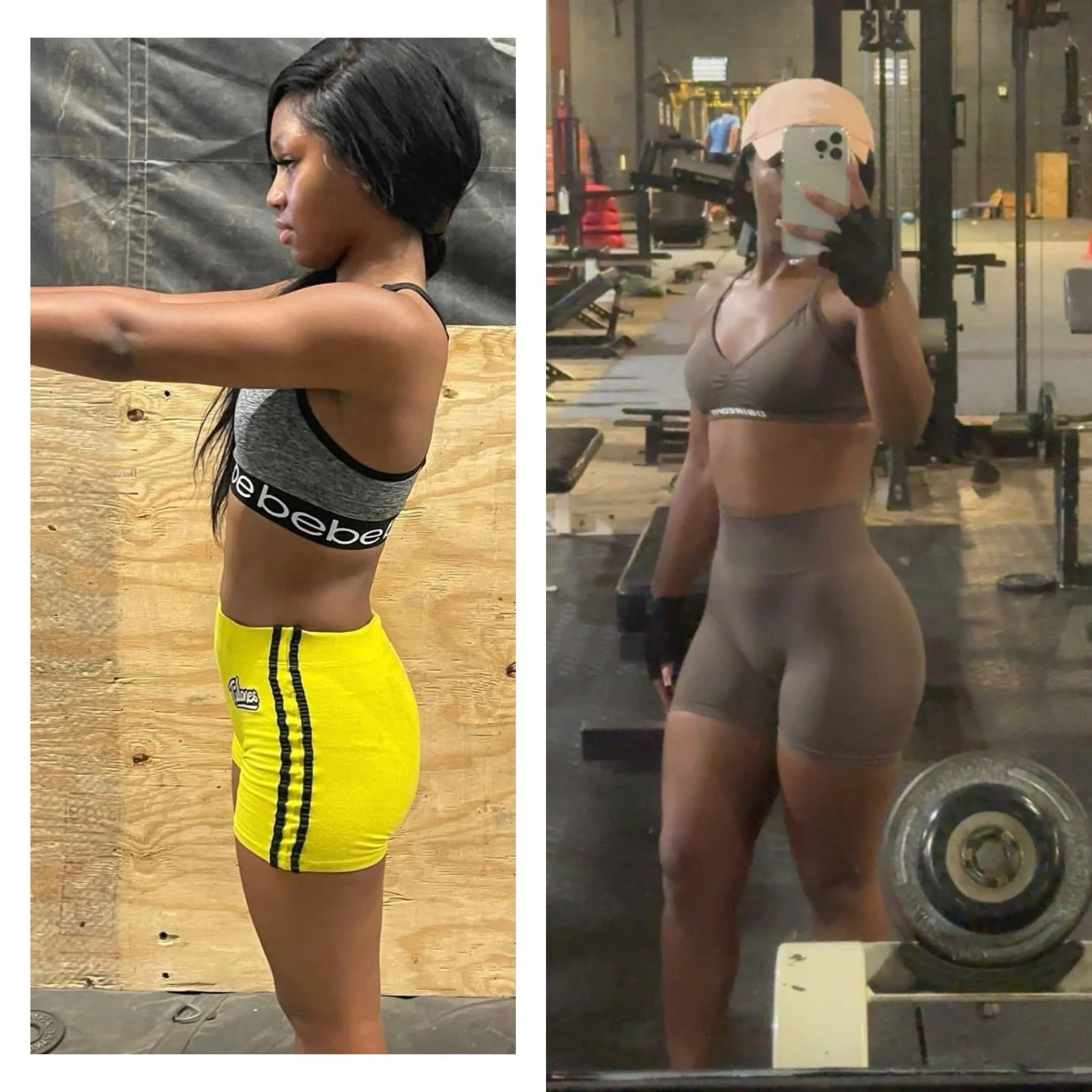 Side view of a woman in workout clothes, one in a gray sports bra and yellow shorts, and the other in a brown sports bra and matching shorts, taking mirror selfies in gym environments.