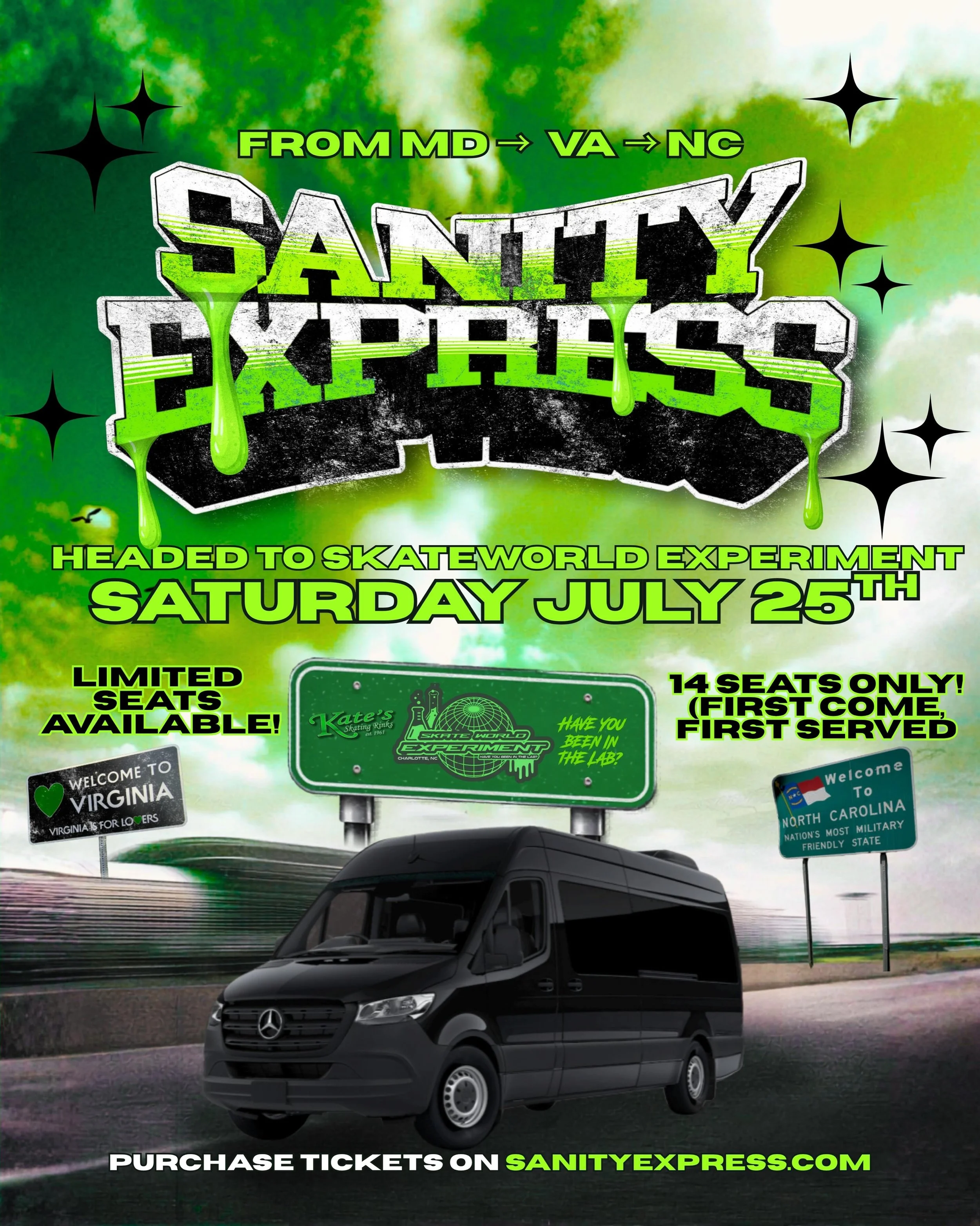 🧪 HAVE YOU BEEN IN THE LAB?🧪

Well, it&rsquo;s time to get in it! 

📅 Saturday, July 25th, Sanity Express is headed to North Carolina for a one-night experience at @skate.world.experiment !

📍 MARYLAND ➜ VIRGINIA ➜ NORTH CAROLINA

VIRGINIA, STAND