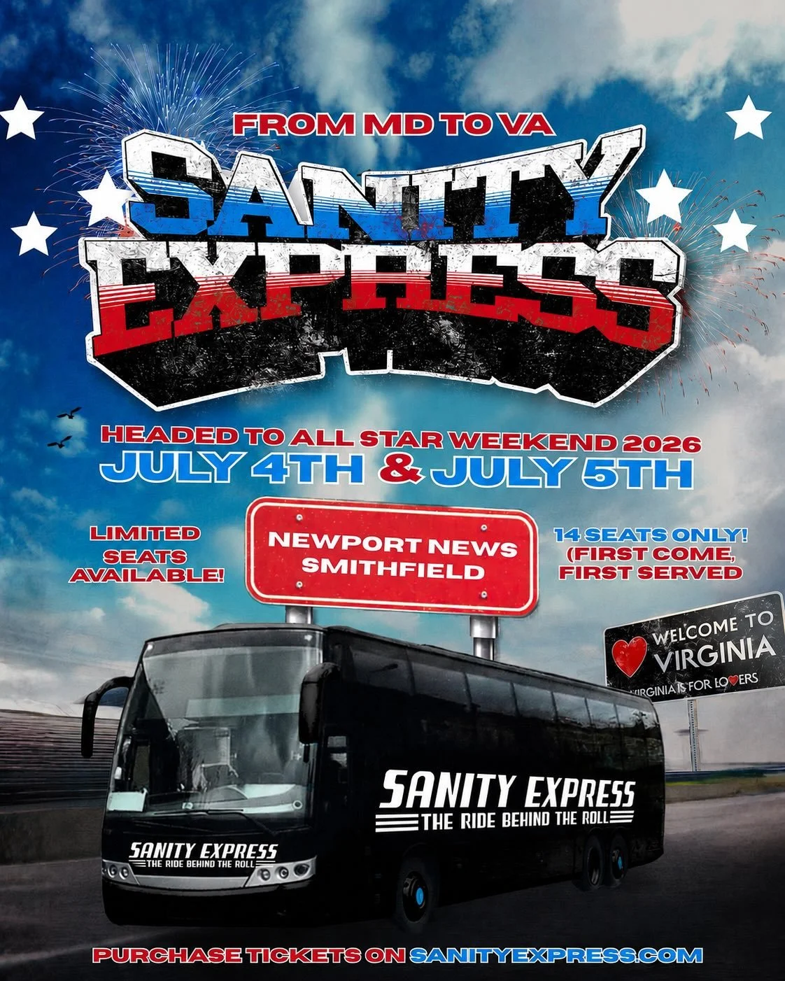 OUR OFFICIAL SECOND TRIP &mdash; ALL-STAR WEEKEND 🌟🇺🇸

Sanity Express is back on the road, and we&rsquo;re excited to announce our second official trip! This time, we&rsquo;re headed to All-Star Weekend in Virginia w/ @cmurdapresents !🔥

📍 Satur