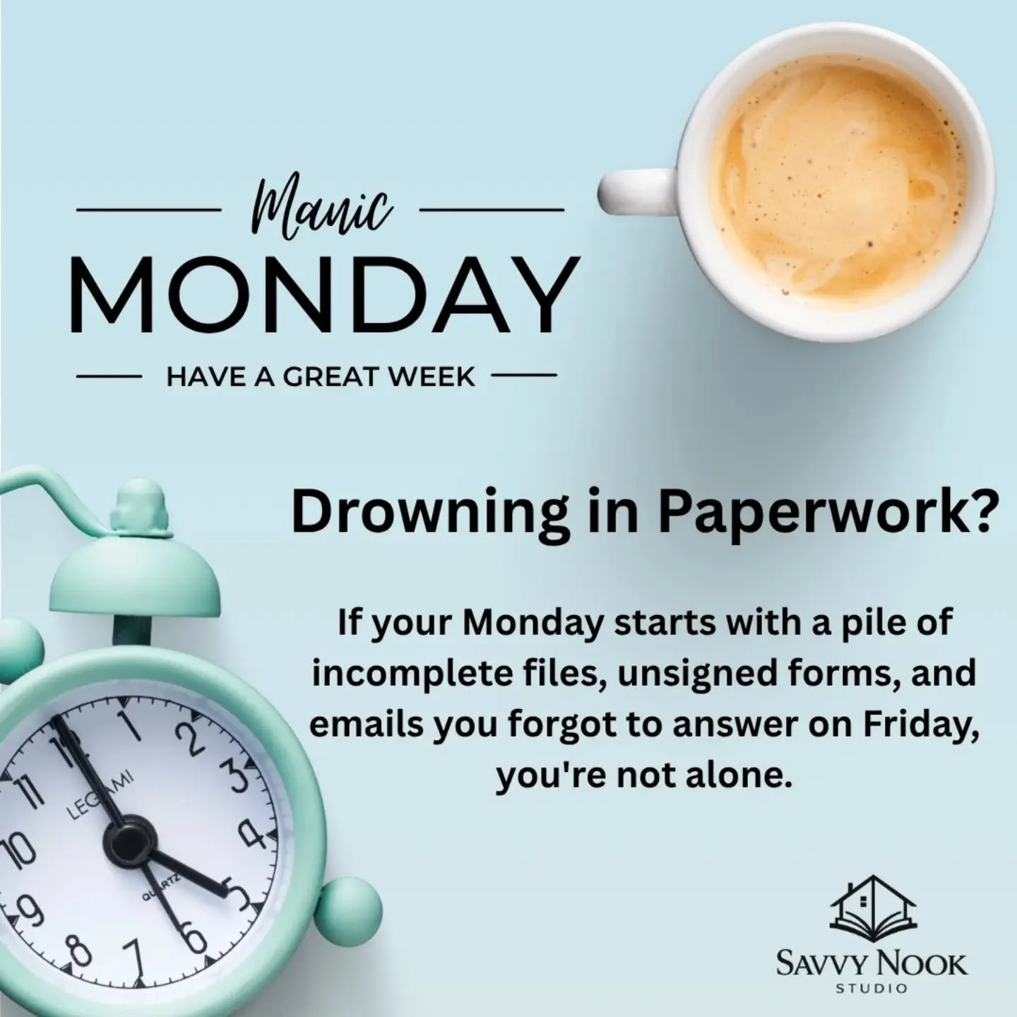 The solution isn't working longer hours&mdash;it's having systems that work for you.  A little organization today can save hours of frustration later this week.  #ManicMonday #RealtorLife #RealEstateAdmin #ProductivityTips #RealEstateSupport