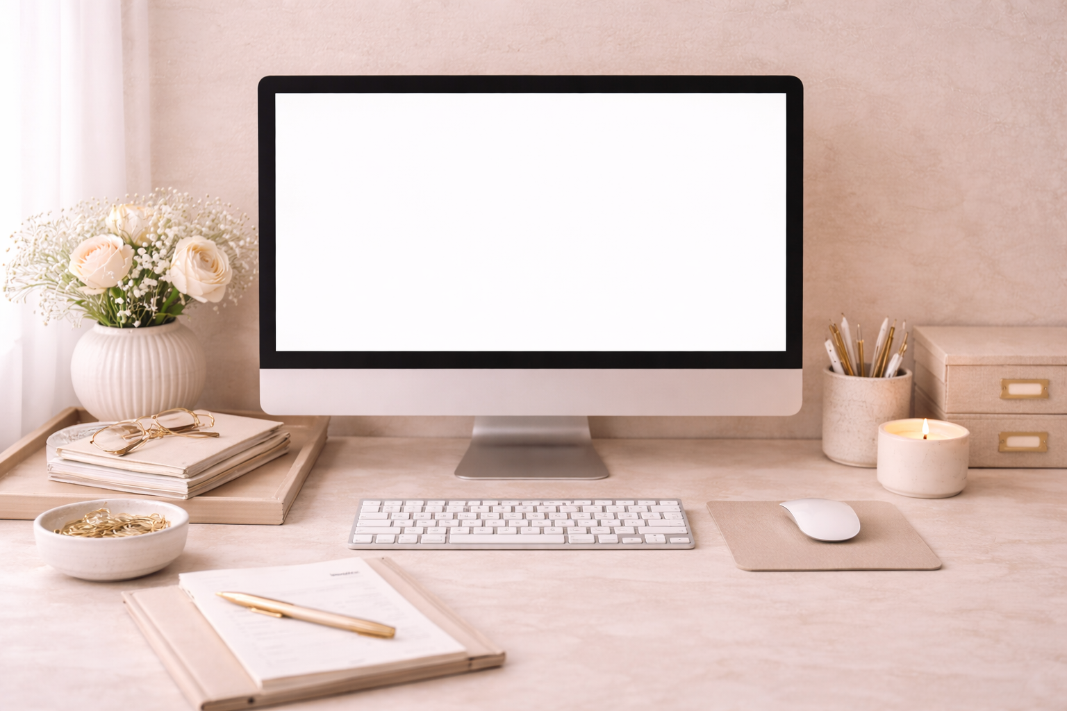 A minimalist workspace with a desktop computer, white keyboard and mouse, beige desk accessories, a vase of white flowers, a lit candle, notebooks, glasses, and a bowl of paper clips, all in soft neutral tones.