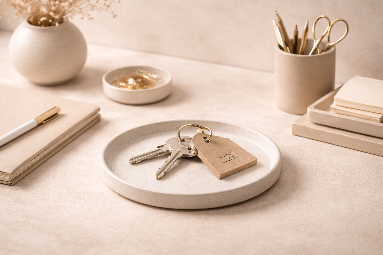 A desk with a round white tray holding a set of keys with a brown tag, a notebook with a white pen, a white vase with dried flowers, a small bowl with gold paper clips, a pen holder with gold scissors and pens, and a tray with beige notepads, all in neutral tones.
