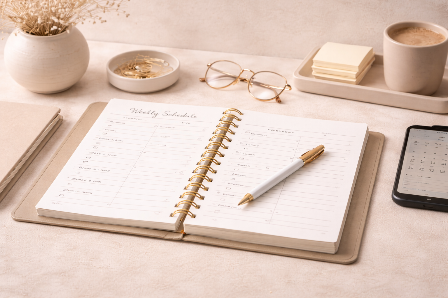 Open planner with weekly schedule and a white pen, surrounded by a cup of coffee, glasses, sticky notes, a smartphone, and decorative items on a desk.
