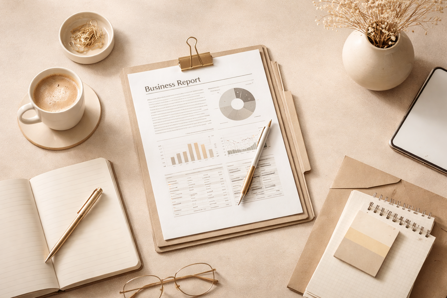 Desk with business report, notebook, pen, coffee, glasses, and decorative plant
