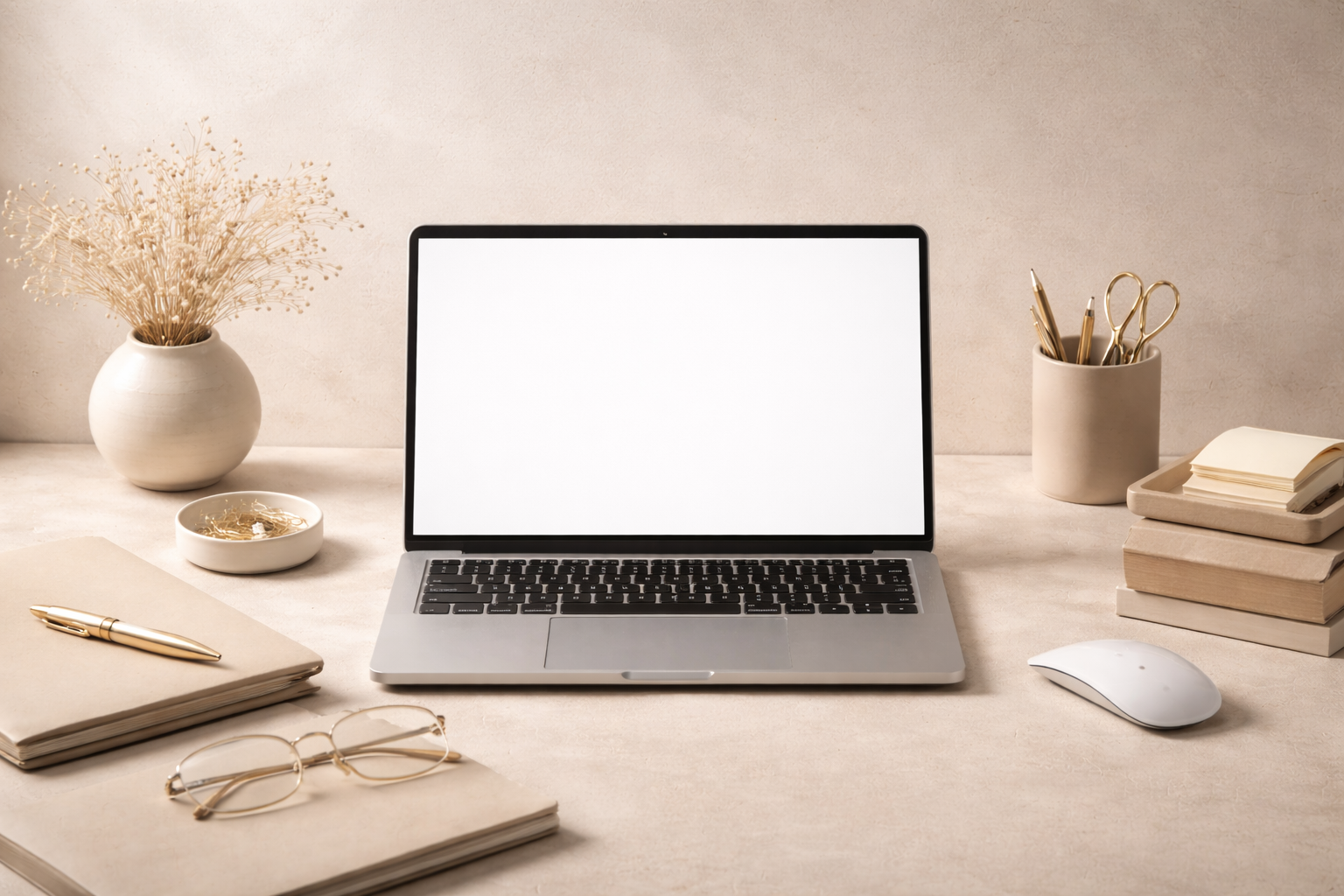 Minimalist workspace with a laptop, notebooks, a pen, glasses, a computer mouse, and office supplies in neutral tones.