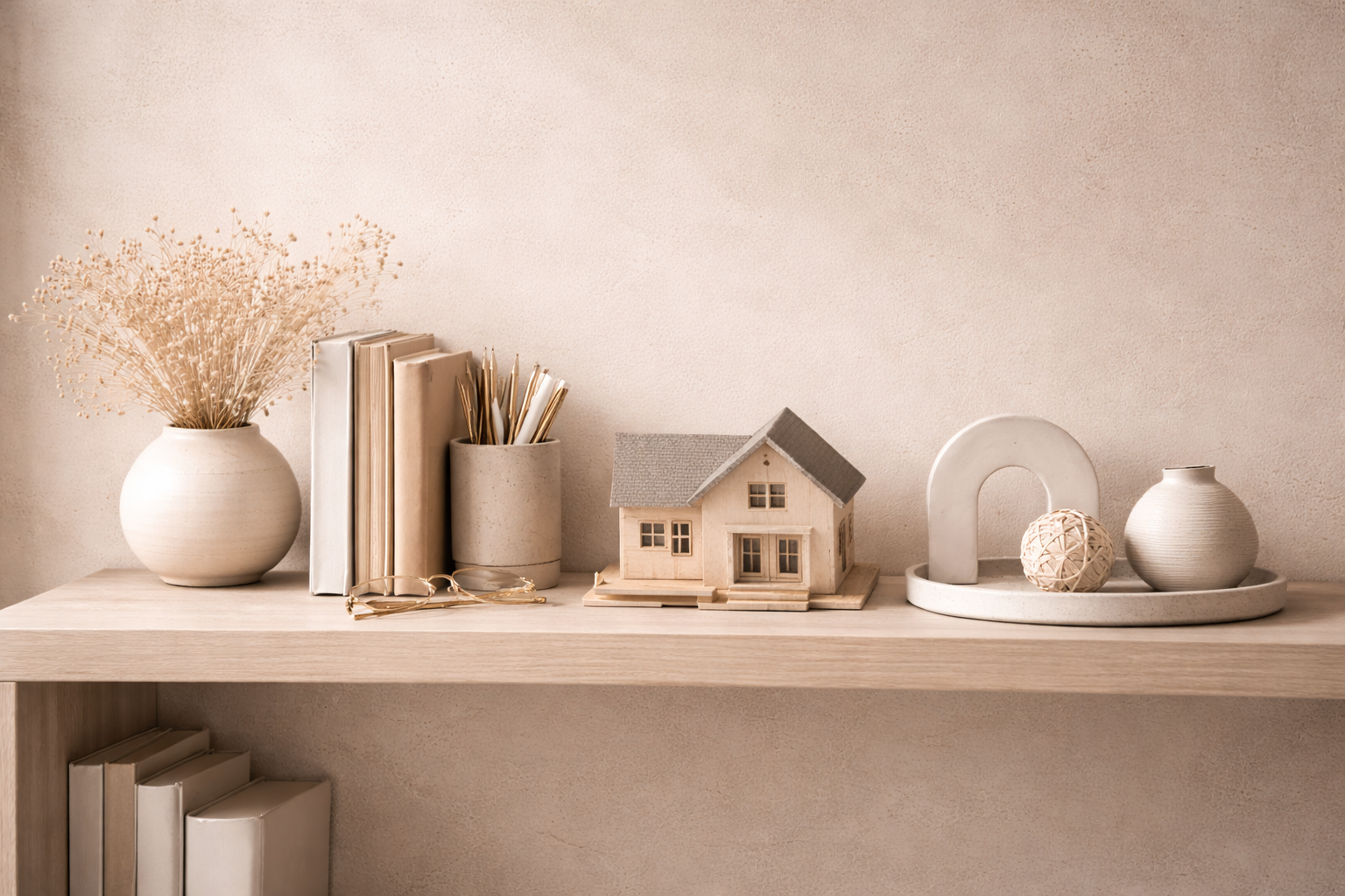 Decorative tabletop with vases, books, glasses, a miniature house, abstract sculpture, and a decorative ball on a tray.