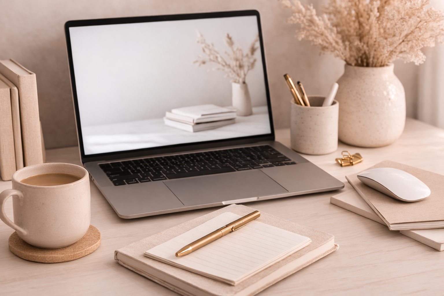 A workspace desk with an open laptop, a notebook with a gold pen, a mug of coffee on a cork coaster, a computer mouse, stacked folders, and decorative vases with dried flowers and pens.