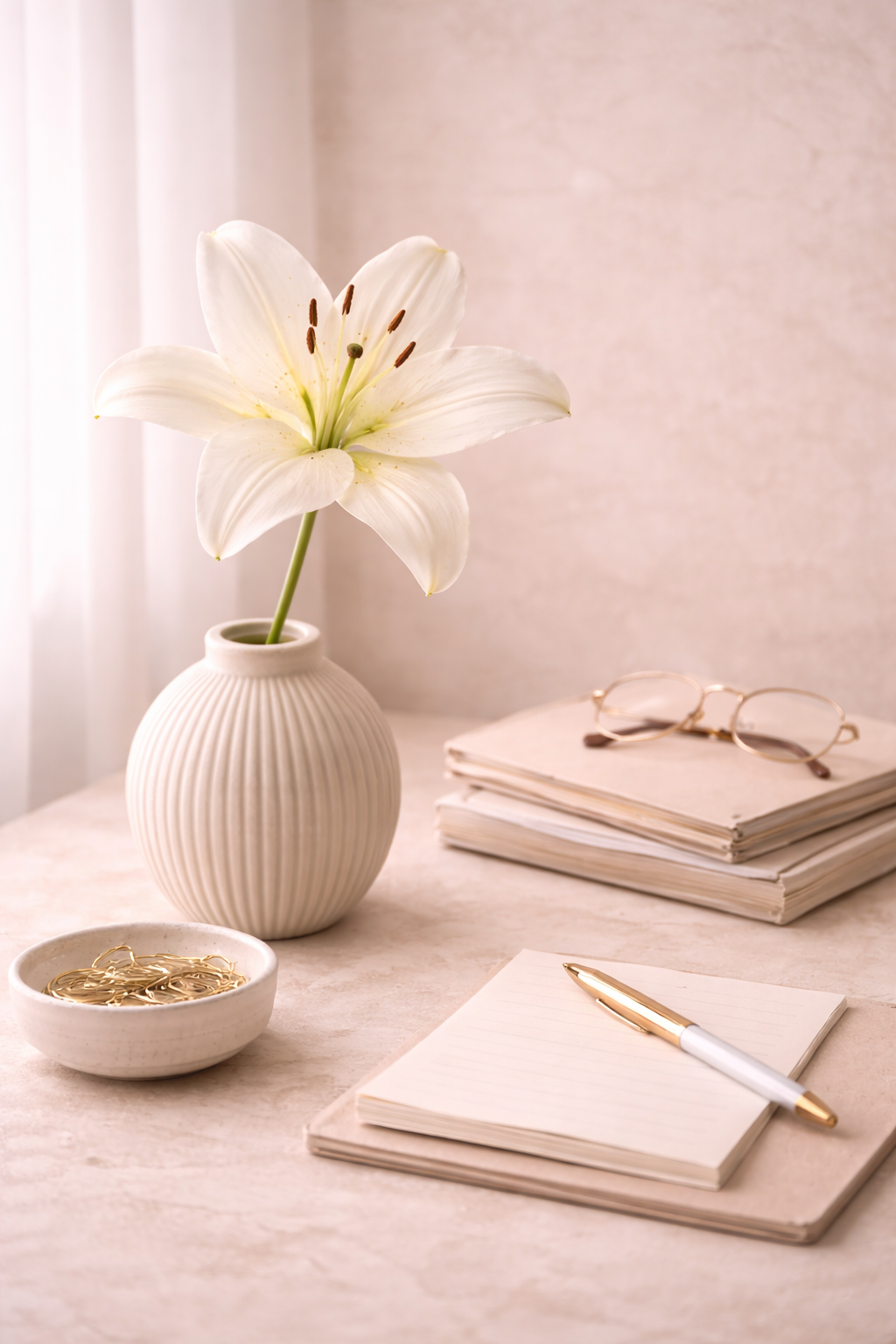 A white lily in a ridged ceramic vase on a desk, with a pair of eyeglasses resting on a stack of papers, a notepad with a gold pen, and a small dish of gold binder clips. The background features a light-colored wall and a window with sheer curtains.