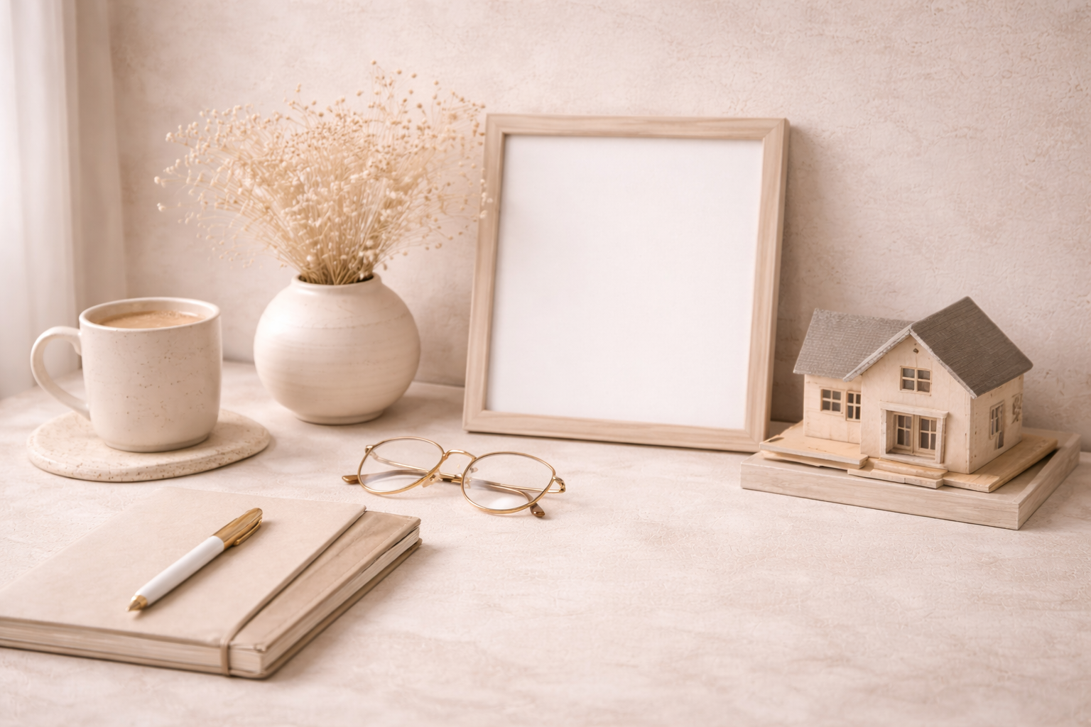 Decorative home office or living space table with a coffee mug, a vase with dried flowers, an empty frame, a miniature house, a notebook, a pen, and glasses, in a neutral beige color scheme.