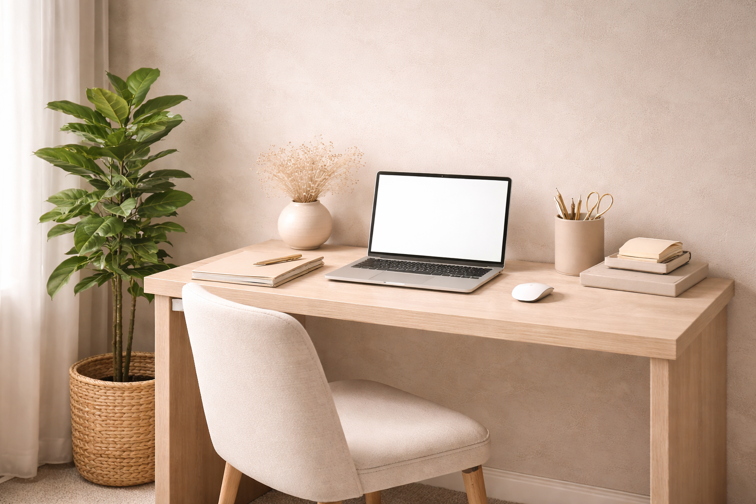 A minimalist desk setup with a laptop, mouse, notebooks, and stationery, adjacent to a potted ficus plant, in a bright, neutral-toned room.