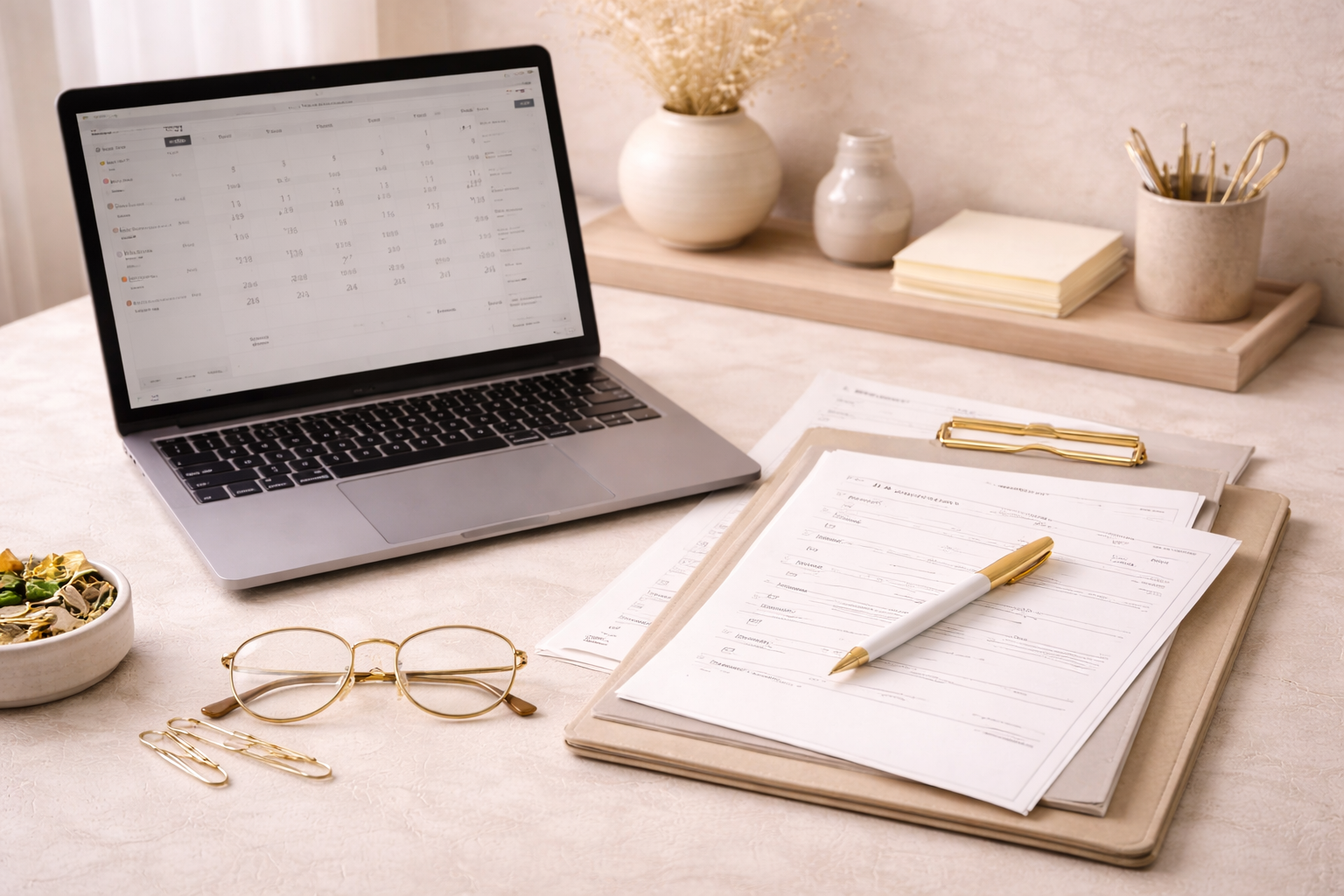 A workspace with a laptop showing a calendar, a pair of glasses, a bowl of snacks, various papers and a pen, along with decorative items like plants, jars, and a tray in a neutral-colored setting.