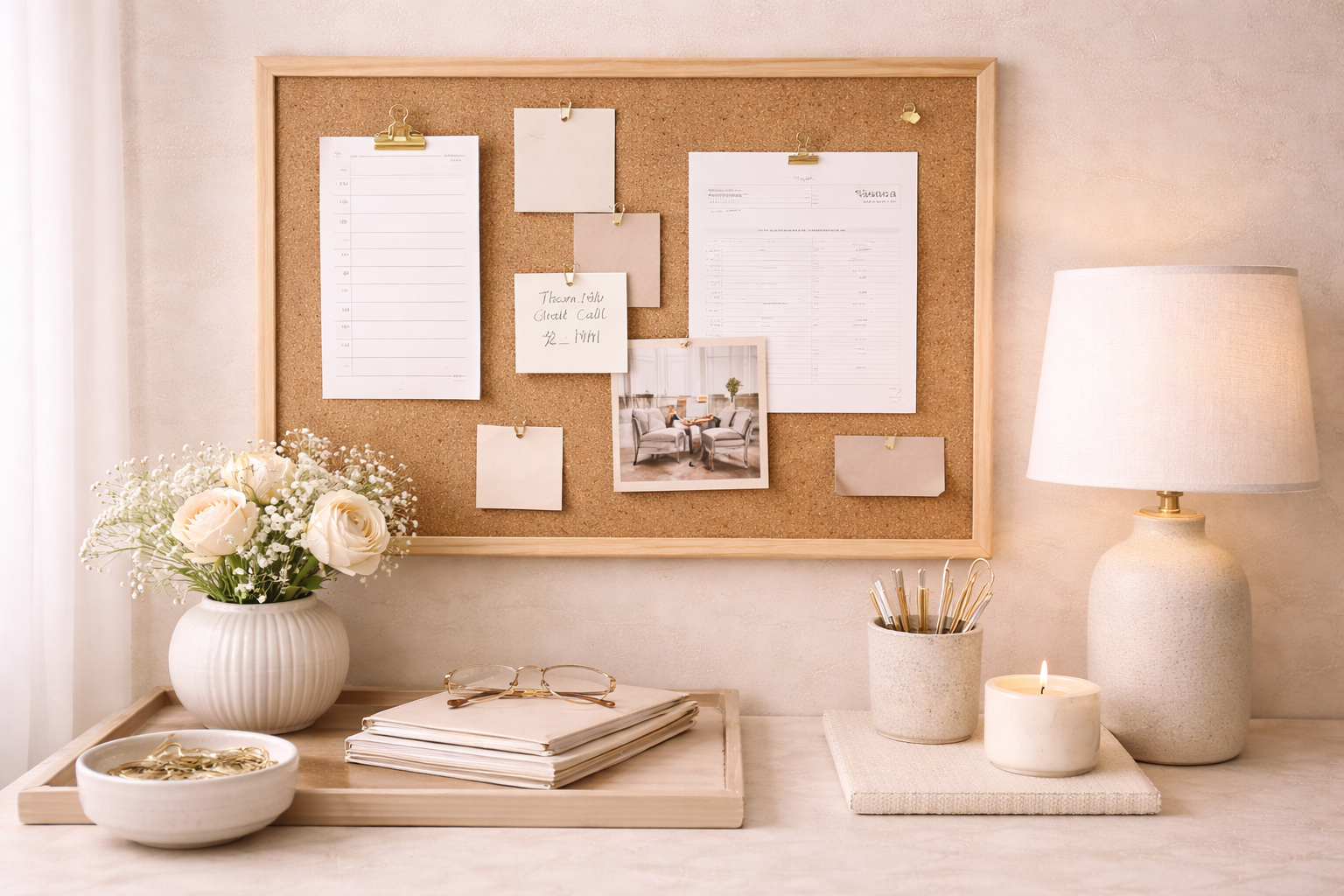 A neutral-toned desk with a bulletin board on the wall, a small lamp, a vase with white roses, a candle, and organizational items, creating a calm workspace or decor setup.
