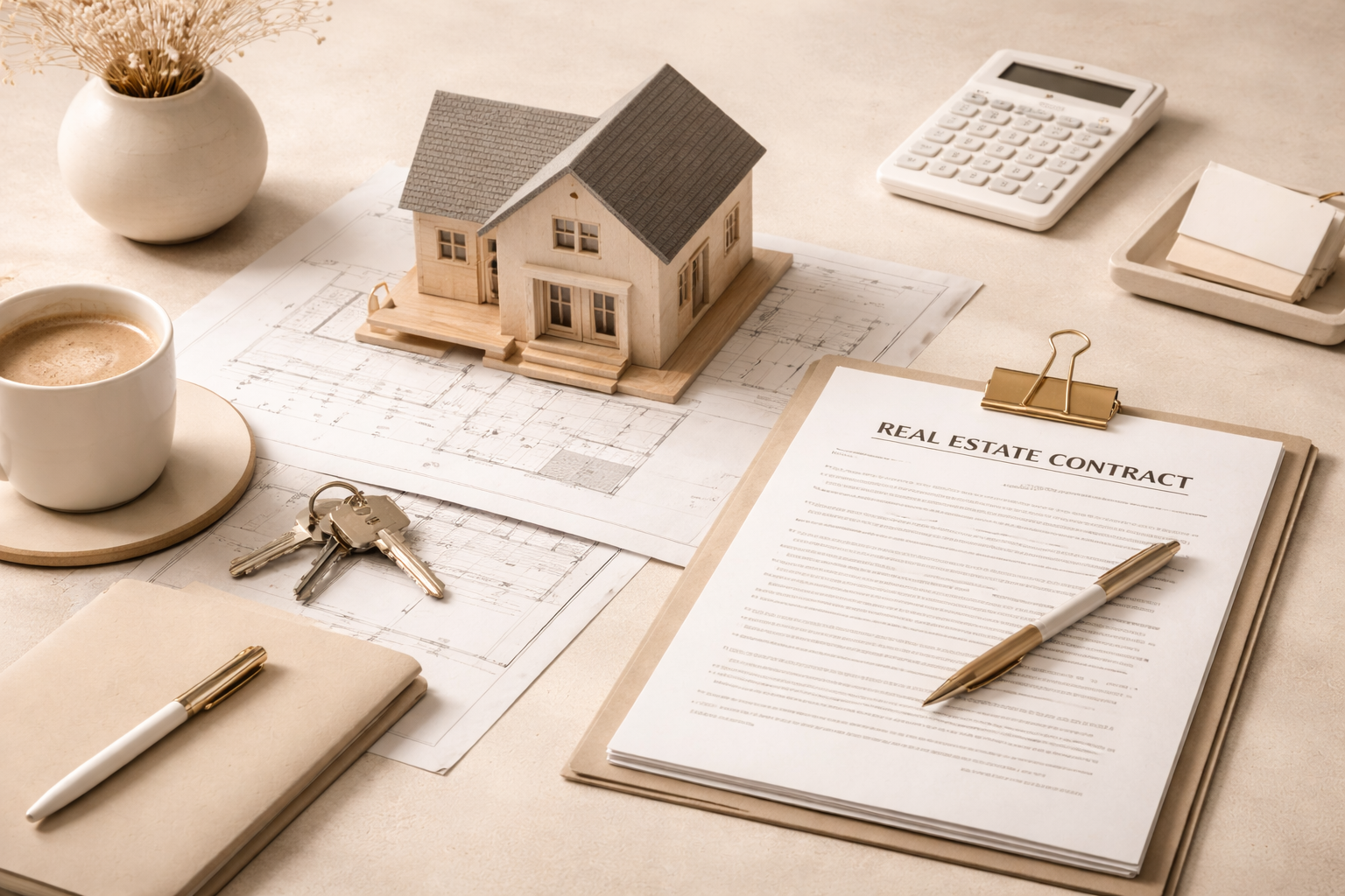 A desk with a miniature house model on top of blueprints, a real estate contract with a pen, a set of keys, a calculator, a notebook, and two cups of coffee.