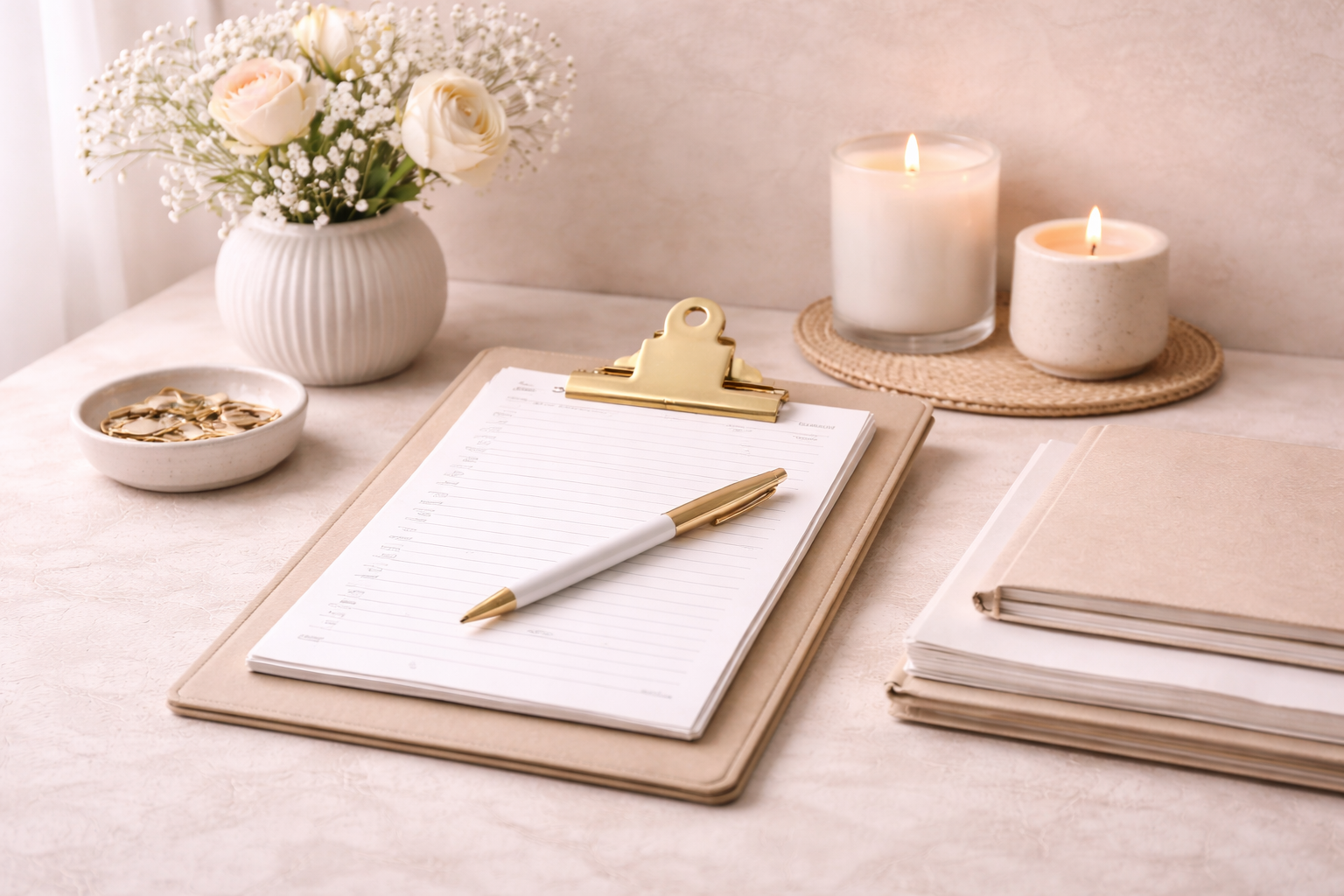 A planner with a pen, a stack of folders, and a clipboard on a light pink table, with a vase of white and blush roses, a bowl of gold paper clips, and two lit candles in a cozy, feminine workspace.