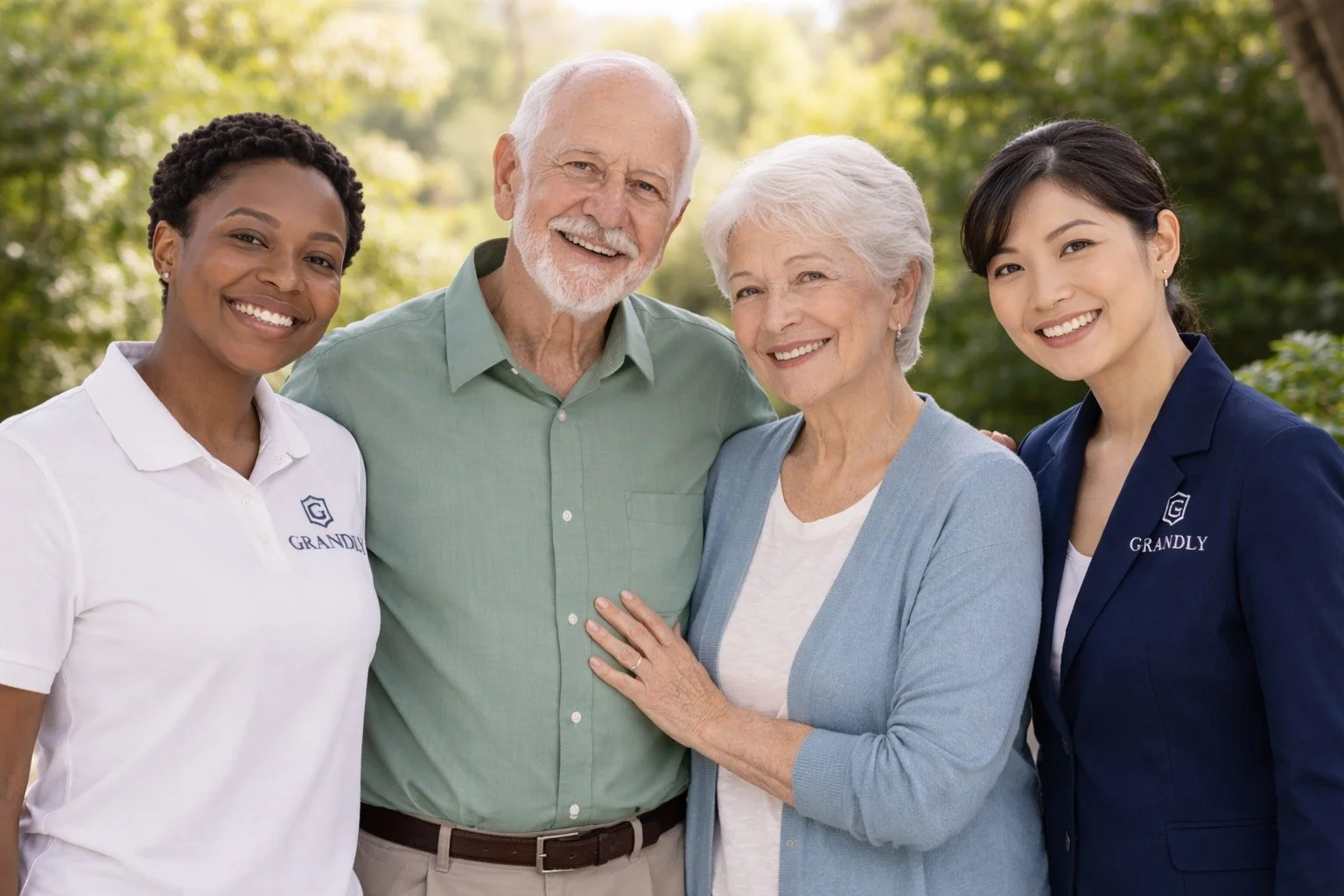 Group of four diverse adults smiling outdoors, two women on each side, a man and woman in the middle, with trees and sunlight in the background.
