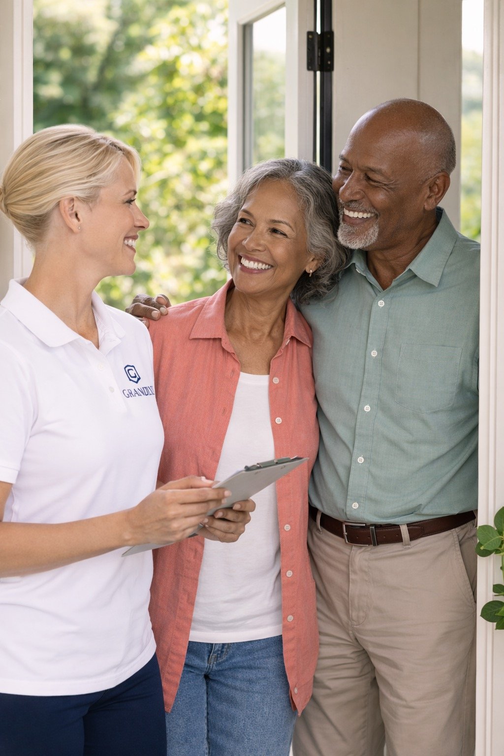 A healthcare professional with a clipboard greeting a smiling elderly couple at their home door.
