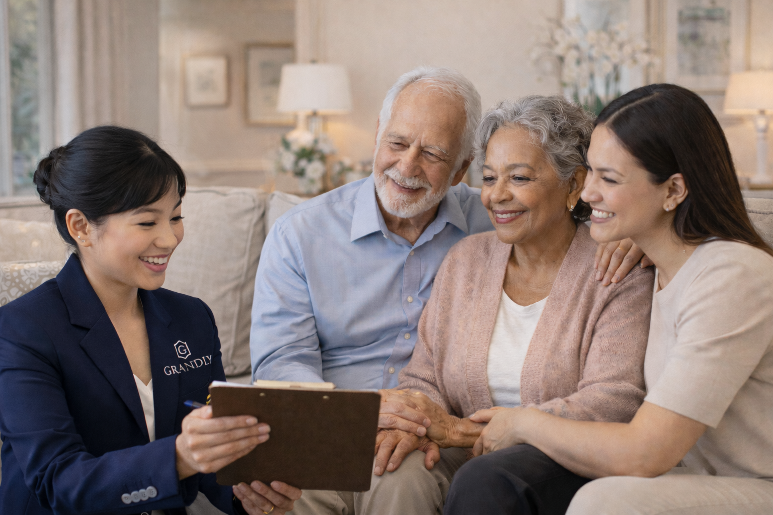 A young woman showing a clipboard to an elderly couple and an adult woman sitting on a sofa in a cozy living room.