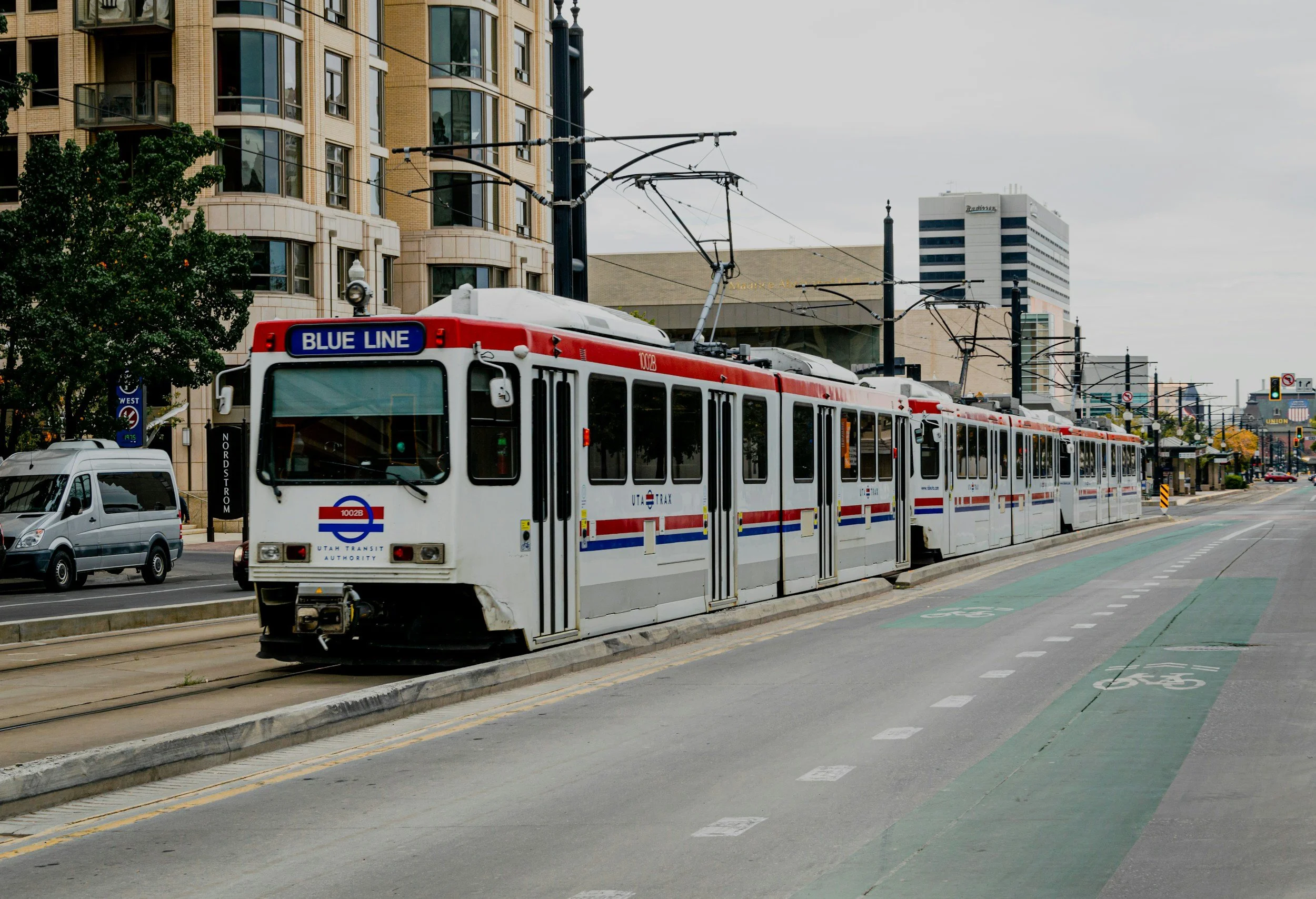 A light rail train with 'BLUE LINE' sign travels along tracks in an urban area, with buildings and trees in the background and a gray overcast sky.