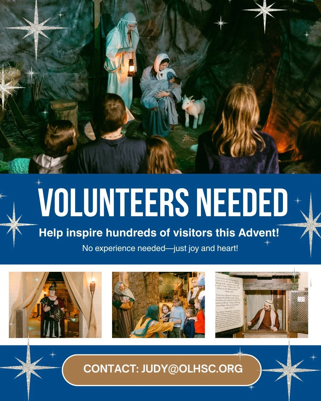 Next two Saturdays! We are still in need of costumed volunteers: Mary, Joseph, Roman Soldiers, Angels, citizens of Bethlehem, etc. This is your chance to feel like you're on the cast of The Chosen! 

We provide all costumes. No prior experience neede