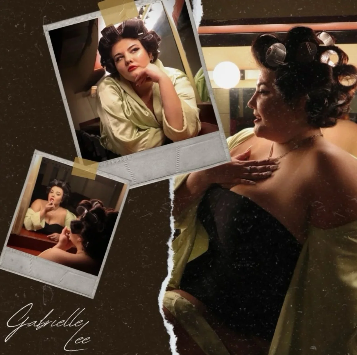 Collage of three vintage style photos of a woman with dark hair in rollers, wearing a satin robe. She is seen sitting at a table with her hand on her chin, looking thoughtful, and in another photo, she is smiling with her hand on her chest. The photos have a nostalgic feel, with tape and a torn paper effect. The word 'Gabrielle Lee' is written in cursive at the bottom.