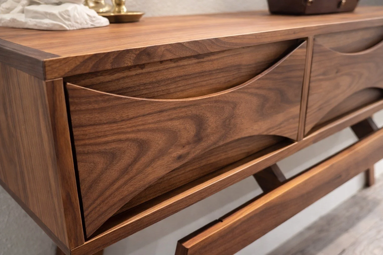 Custom mcm walnut entryway table with sculpted drawer fronts