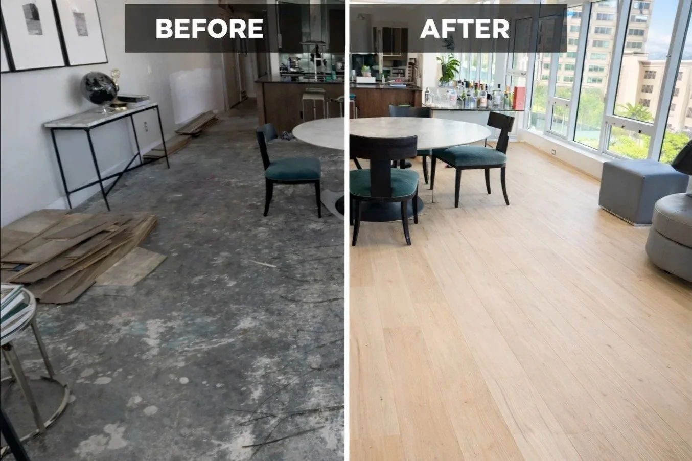 Before & after shot of installed Ambleside Elm laminate flooring in a high rise condo in downtown St. Pete