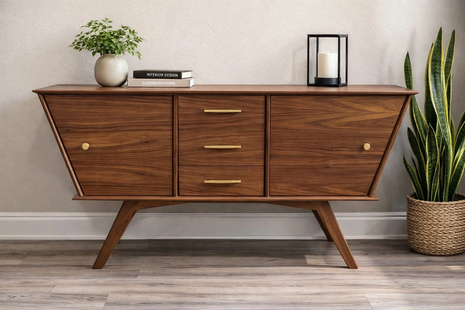 Mid-century modern wooden sideboard with three drawers and two cabinets, decorated with a potted plant, books, a candle in a frame, and a tall snake plant in a woven basket.