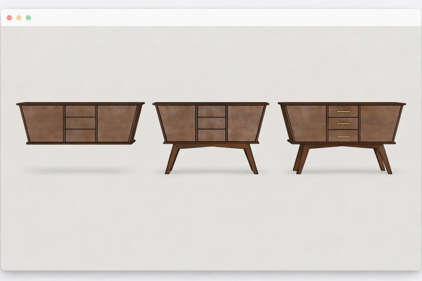 a screenshot of a sketchup file showing walnut midcentury modern sideboard