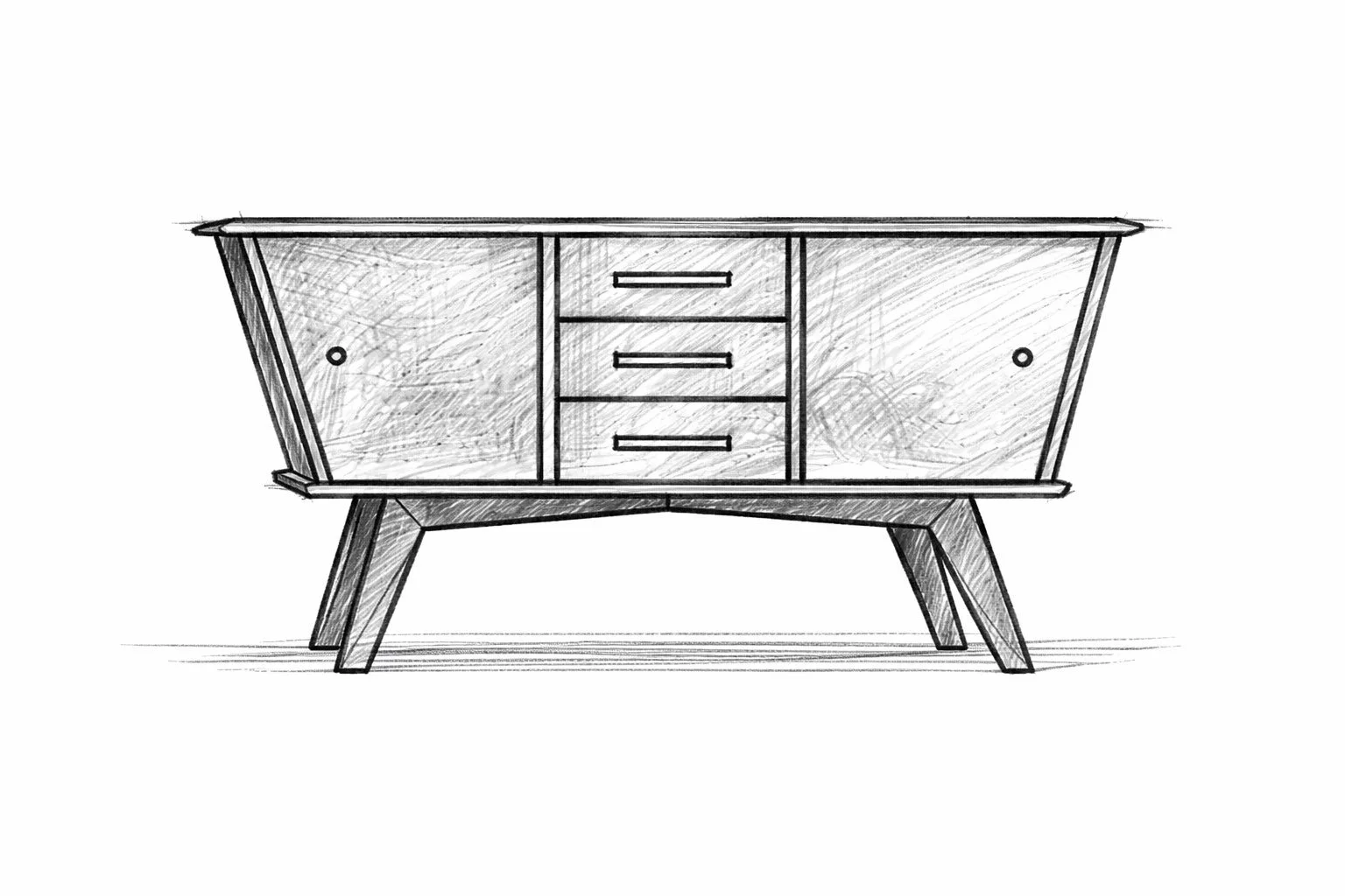 a pencil sketch showing walnut midcentury modern sideboard