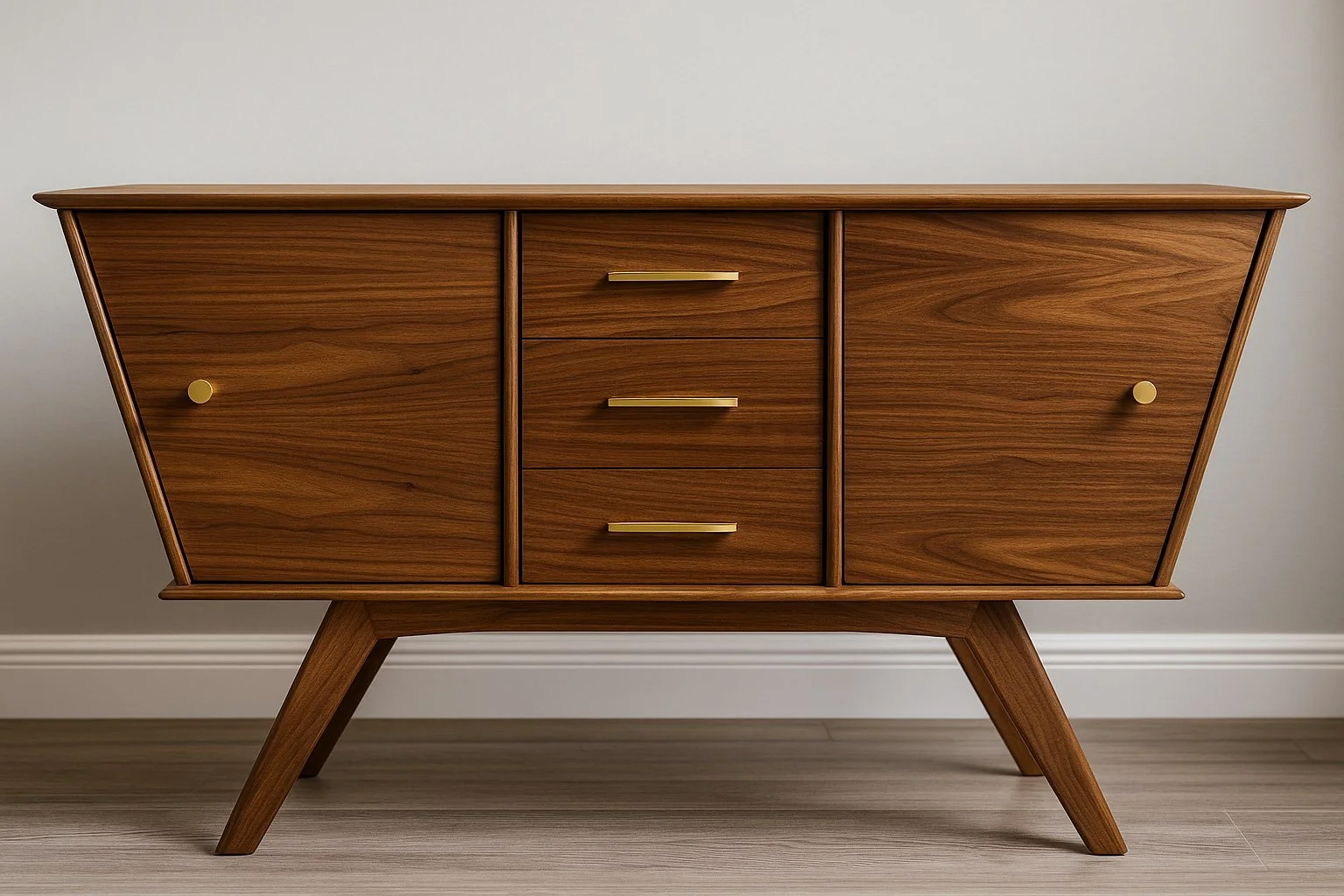 Mid-century modern wooden sideboard with three drawers and two sliding doors, gold handles and knobs, angled legs, placed against a plain gray wall.