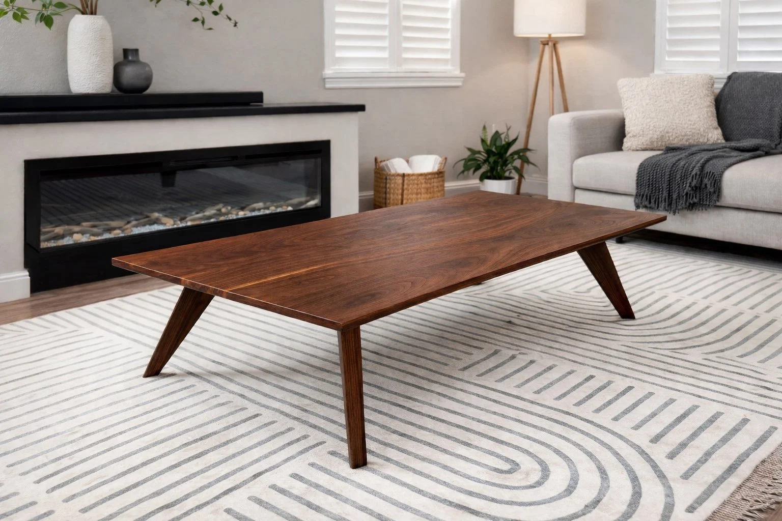 Solid walnut mcm coffee table with splayed legs