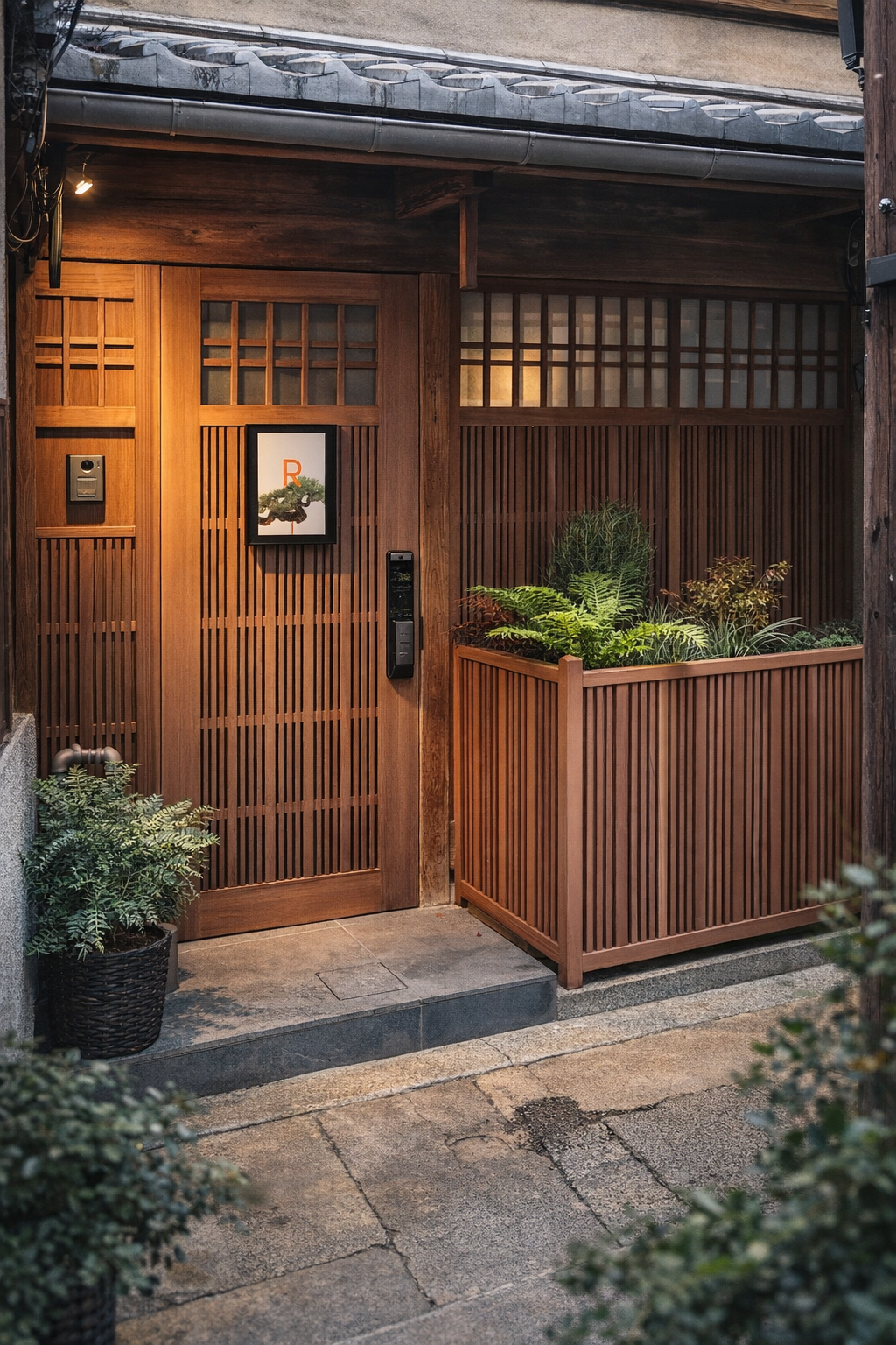 Front entrance with wooden sliding door, potted plants, and a wooden planter box with greenery, outdoor lighting, and a stone pathway.